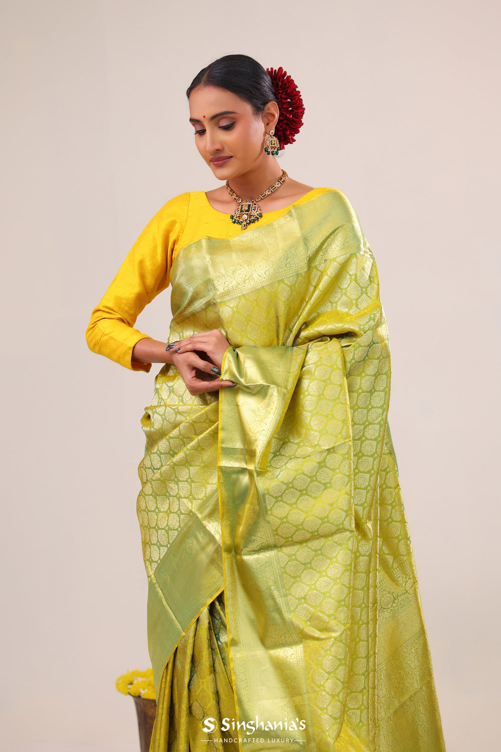 Apple Green Floral Kanjivaram Silk Saree