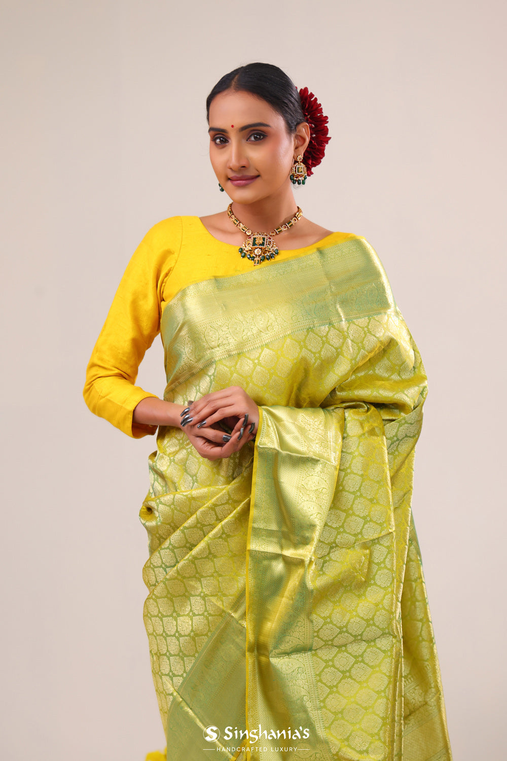 Apple Green Floral Kanjivaram Silk Saree