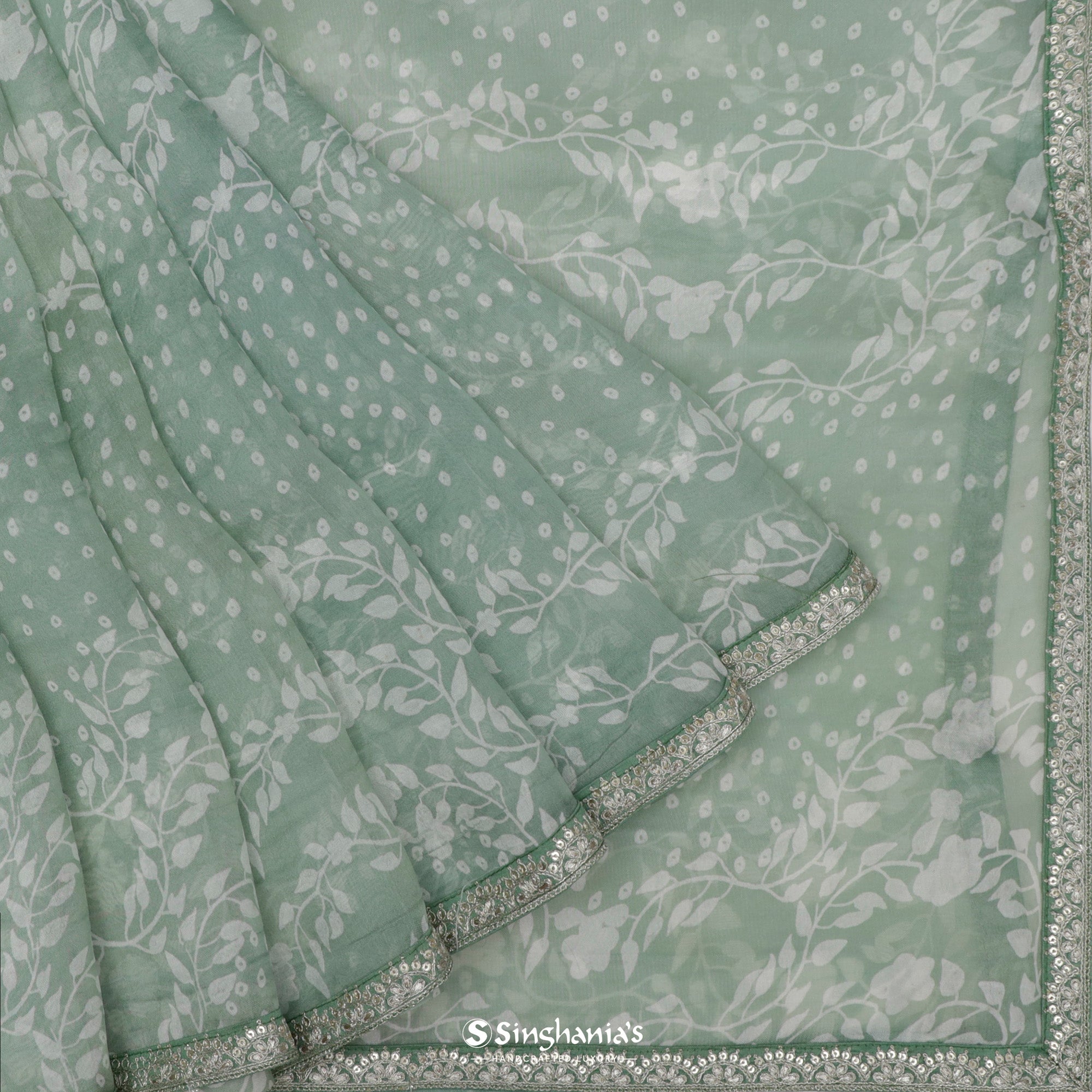 Russian Green Organza Saree With Floral Print