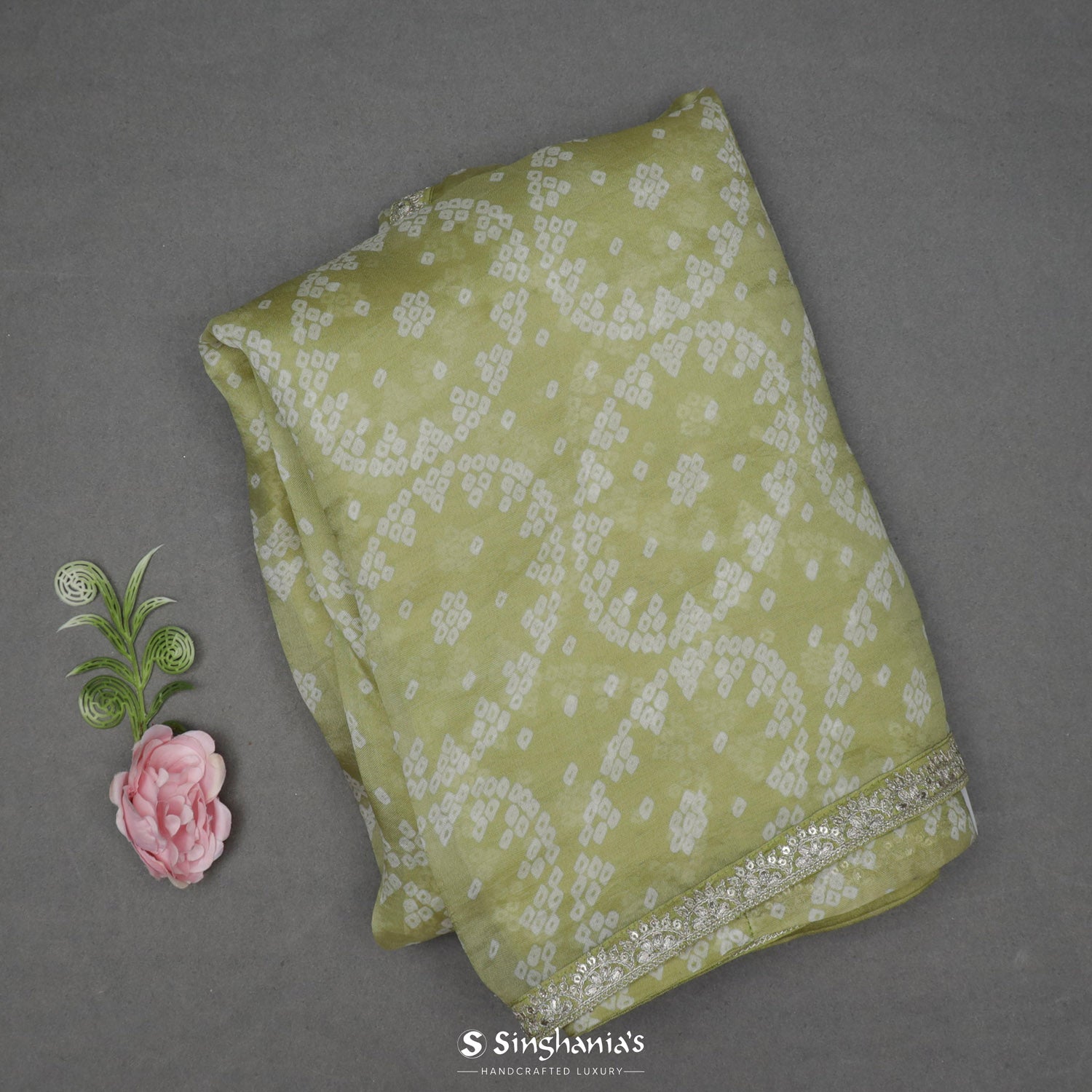 Gin Green Organza Saree With Bandhani Pattern