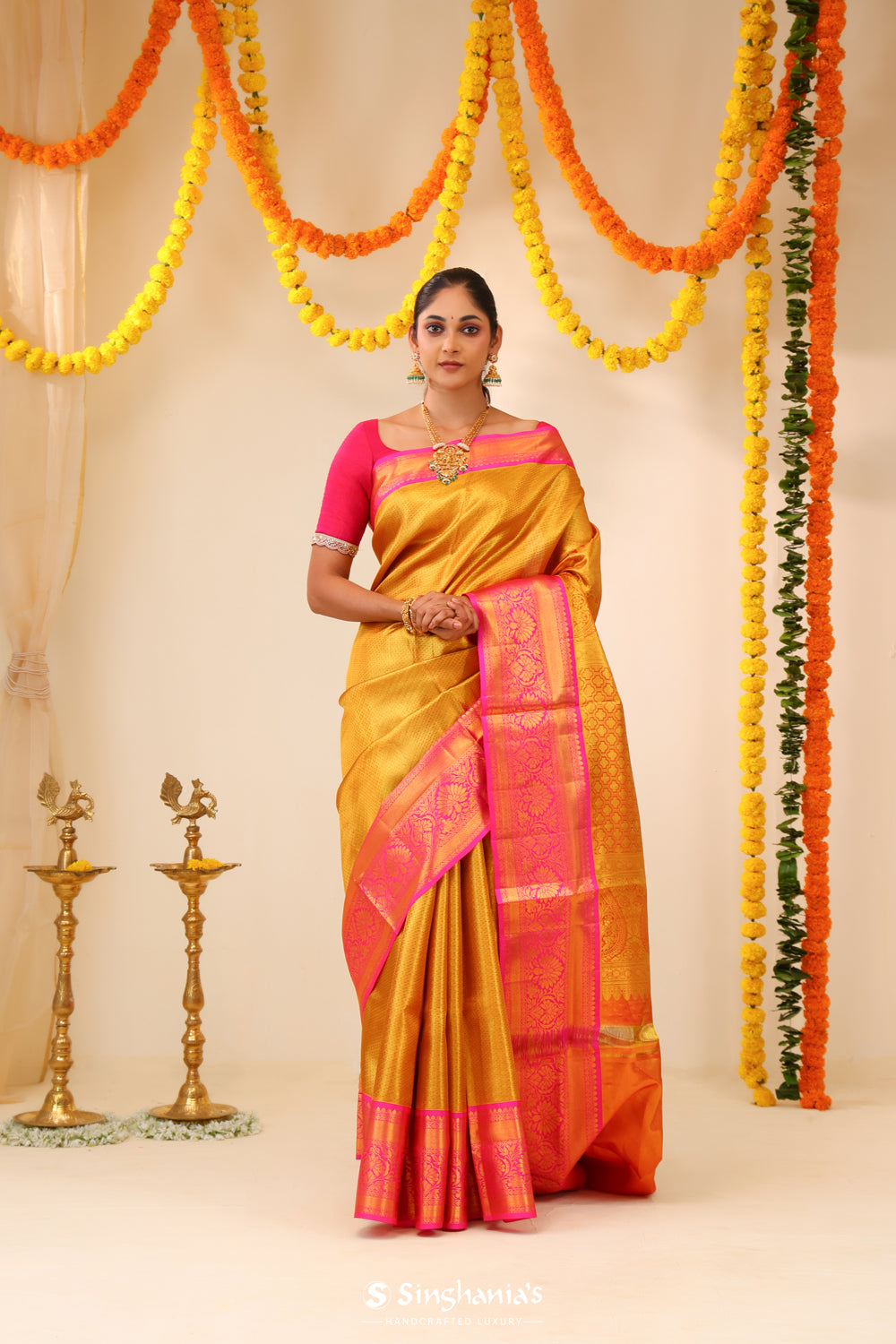 Golden Pink Tissue Kanjivaram Saree With Contrast Border