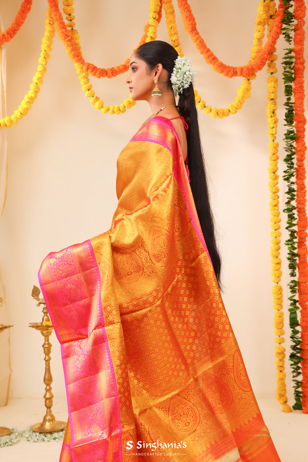 Golden Pink Tissue Kanjivaram Saree With Contrast Border