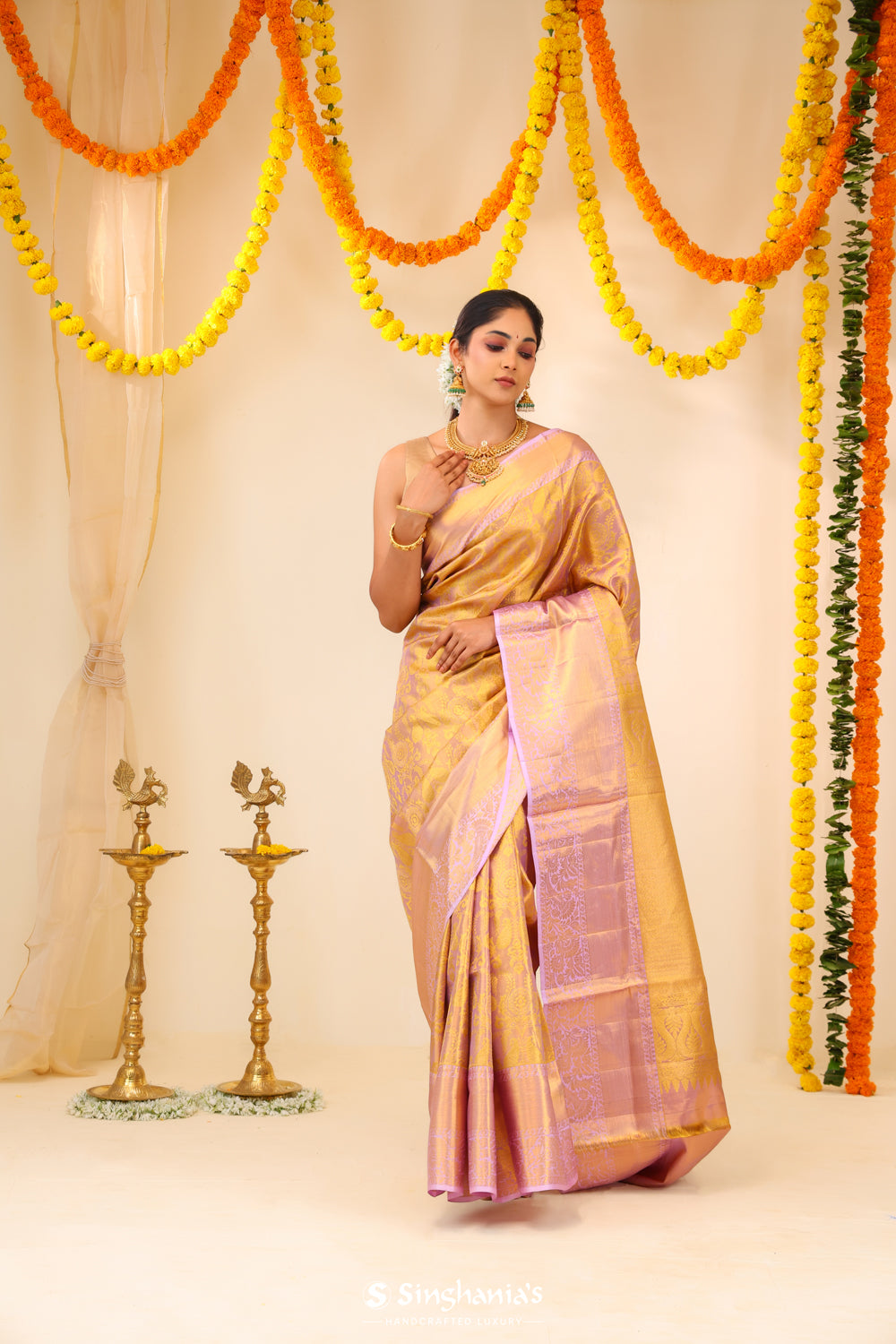 Mauve Gold Tissue Kanjivaram Saree With Floral Paisley Weave