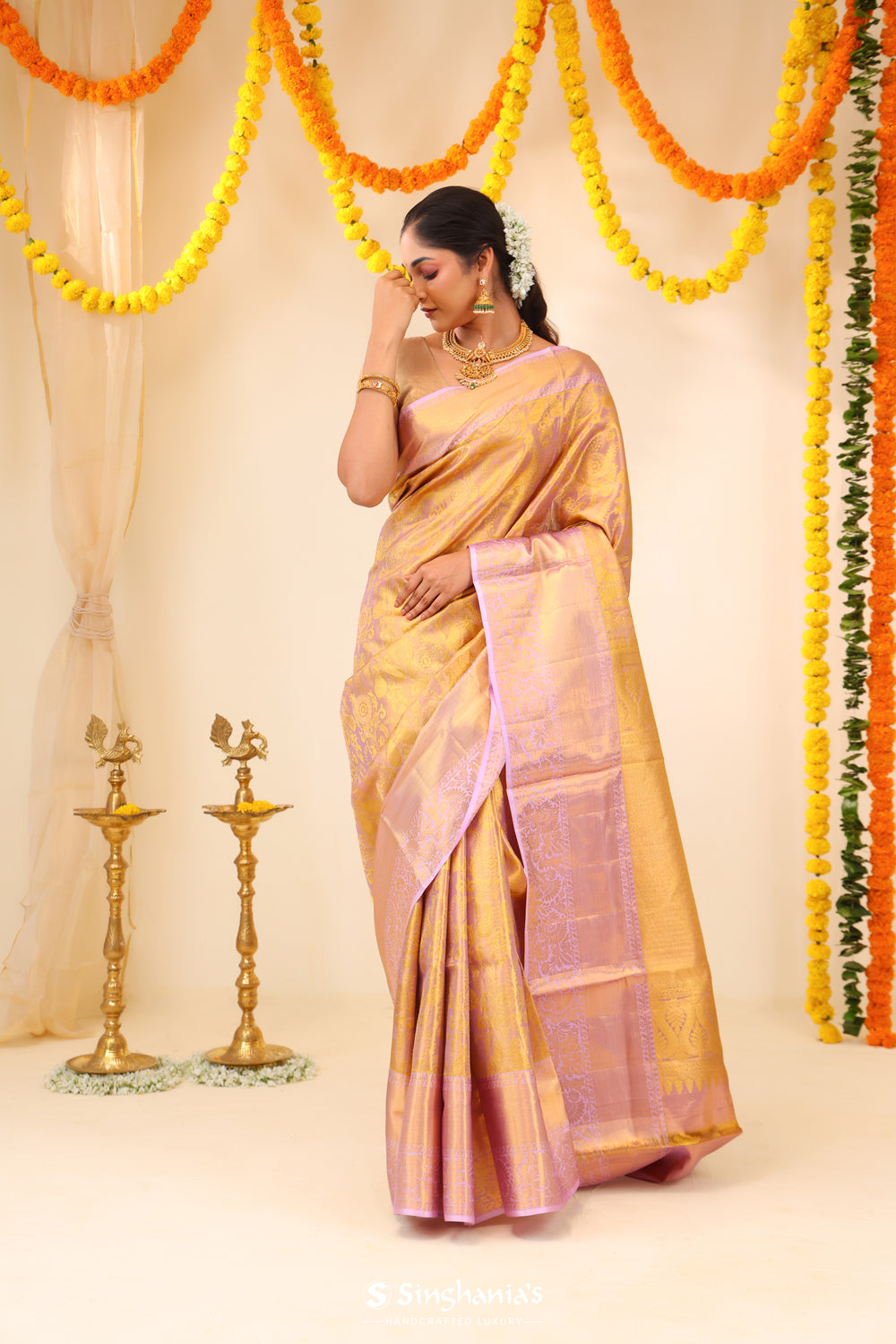 Mauve Gold Tissue Kanjivaram Saree With Floral Paisley Weave