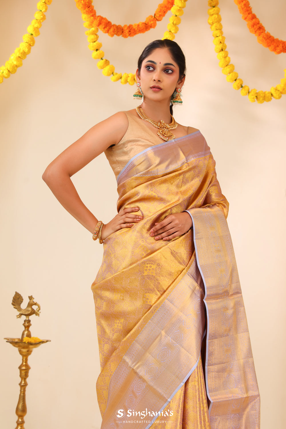 Pale Purple-Gold Tissue Kanjivaram Saree With Floral Weaving