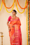 Tomato Red Kanjivaram Silk Saree With Floral-Birds Weaving