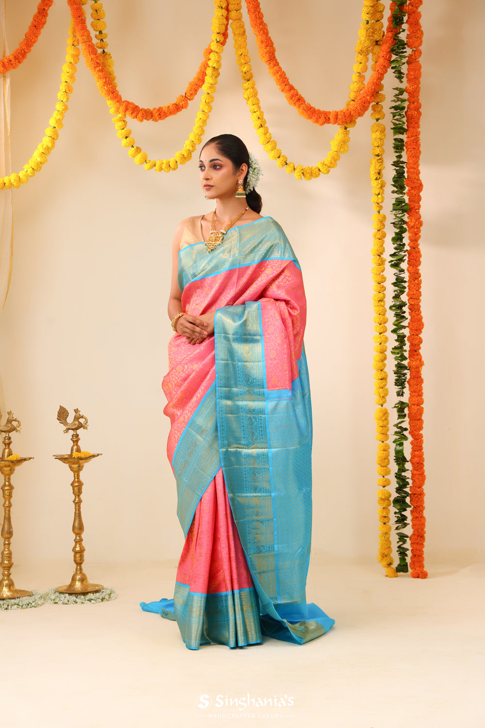 Flamingo Pink Kanjivaram Silk Saree With Floral Jaal