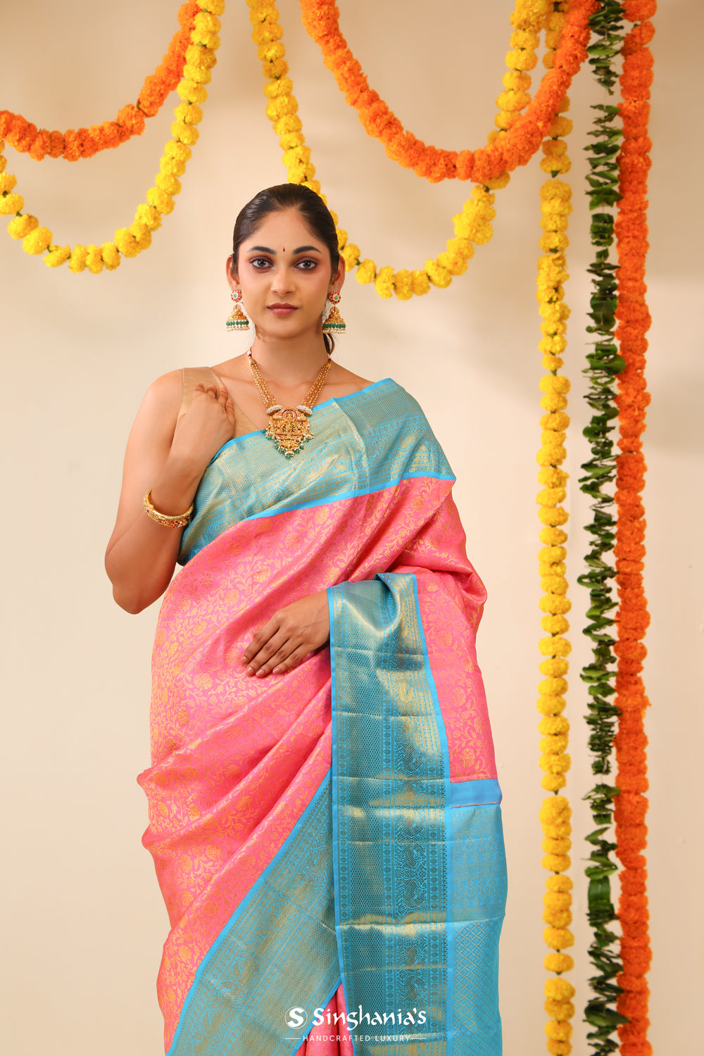 Flamingo Pink Kanjivaram Silk Saree With Floral Jaal