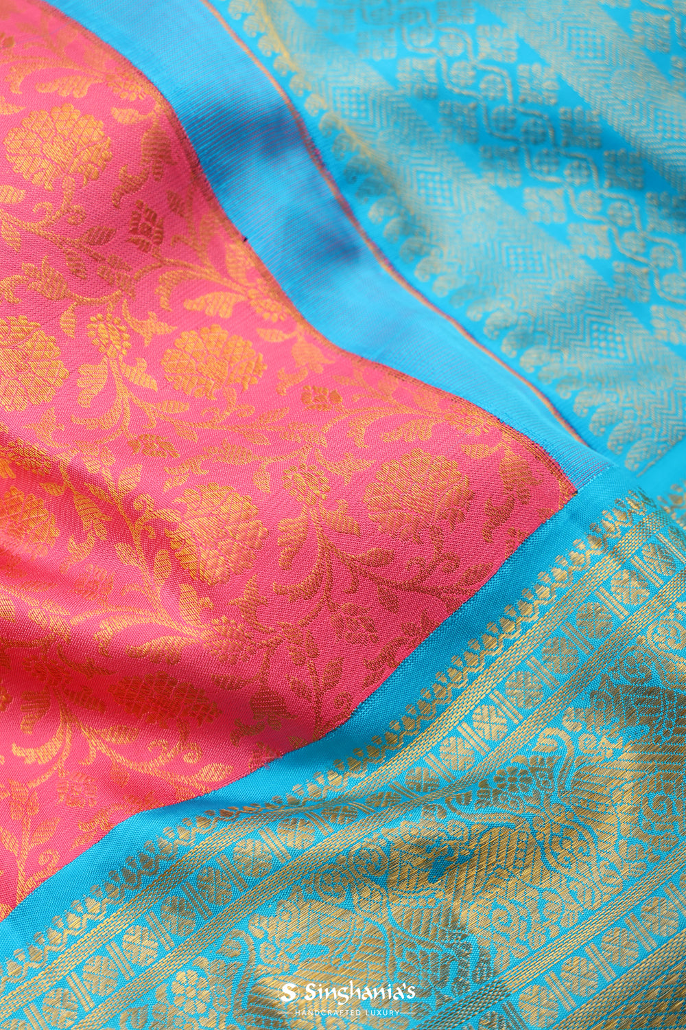 Flamingo Pink Kanjivaram Silk Saree With Floral Jaal