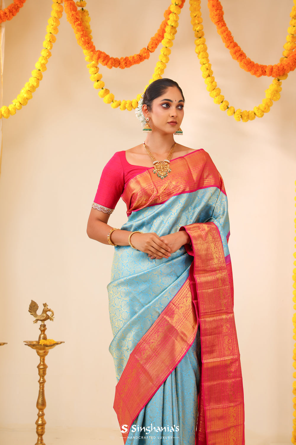 Sky Blue Kanjivaram Silk Saree With Floral Jaal Weaving