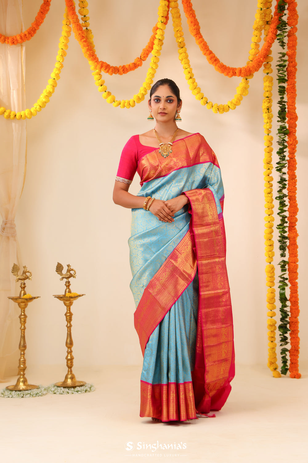 Sky Blue Kanjivaram Silk Saree With Floral Jaal Weaving