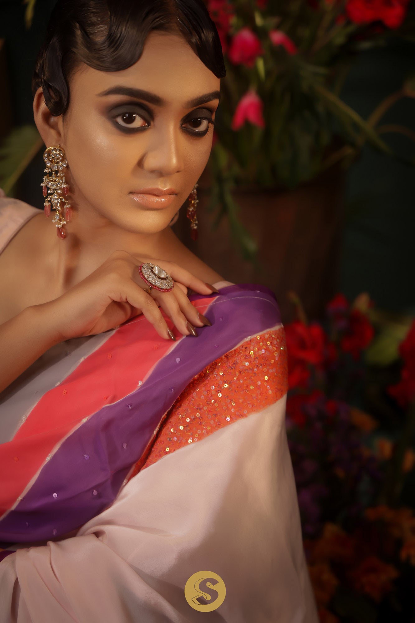 Light Pink Multicolour Crepe Saree With Sequins Embroidery