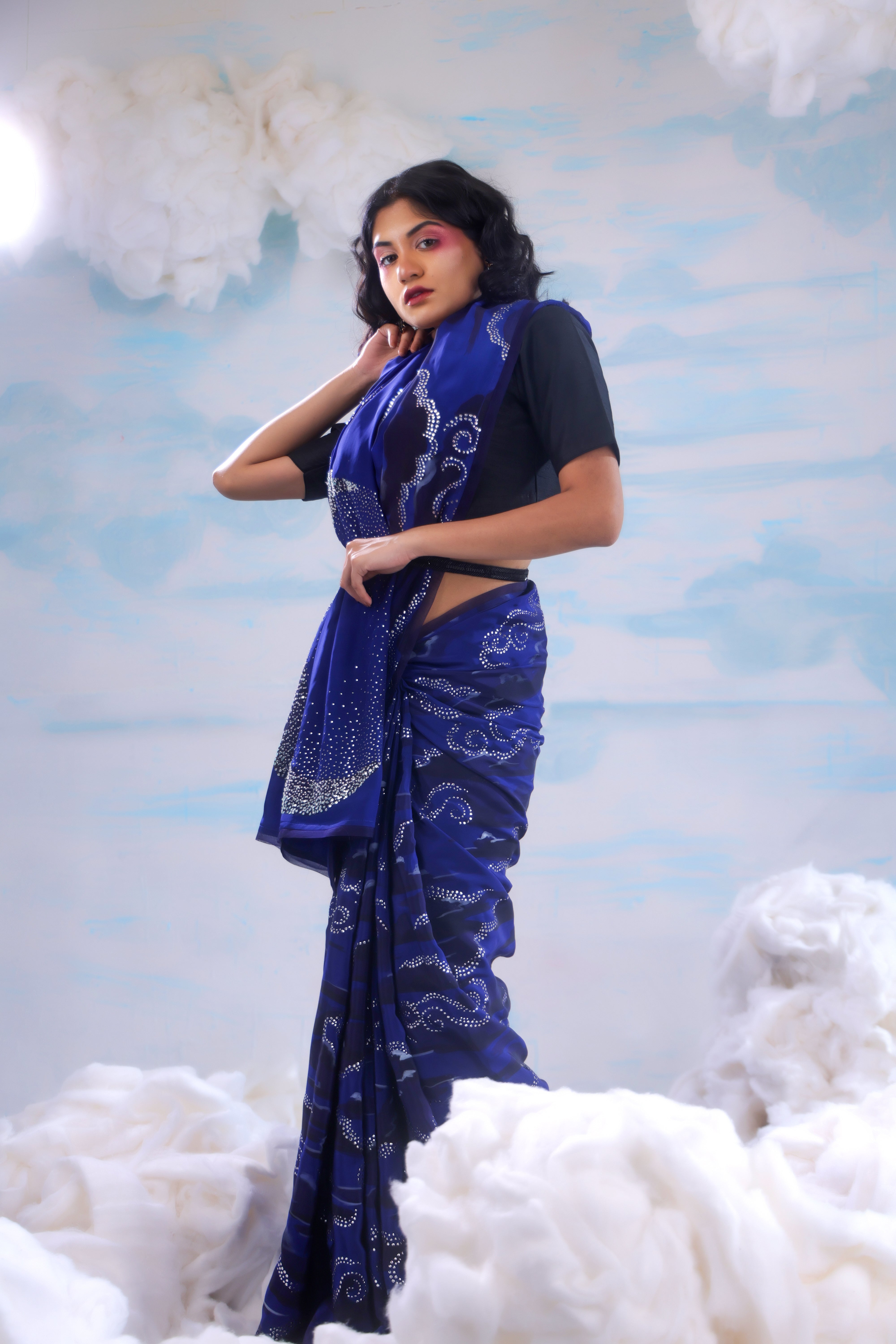Navy Blue Handcrafted Crepe Saree With Badla Embroidery