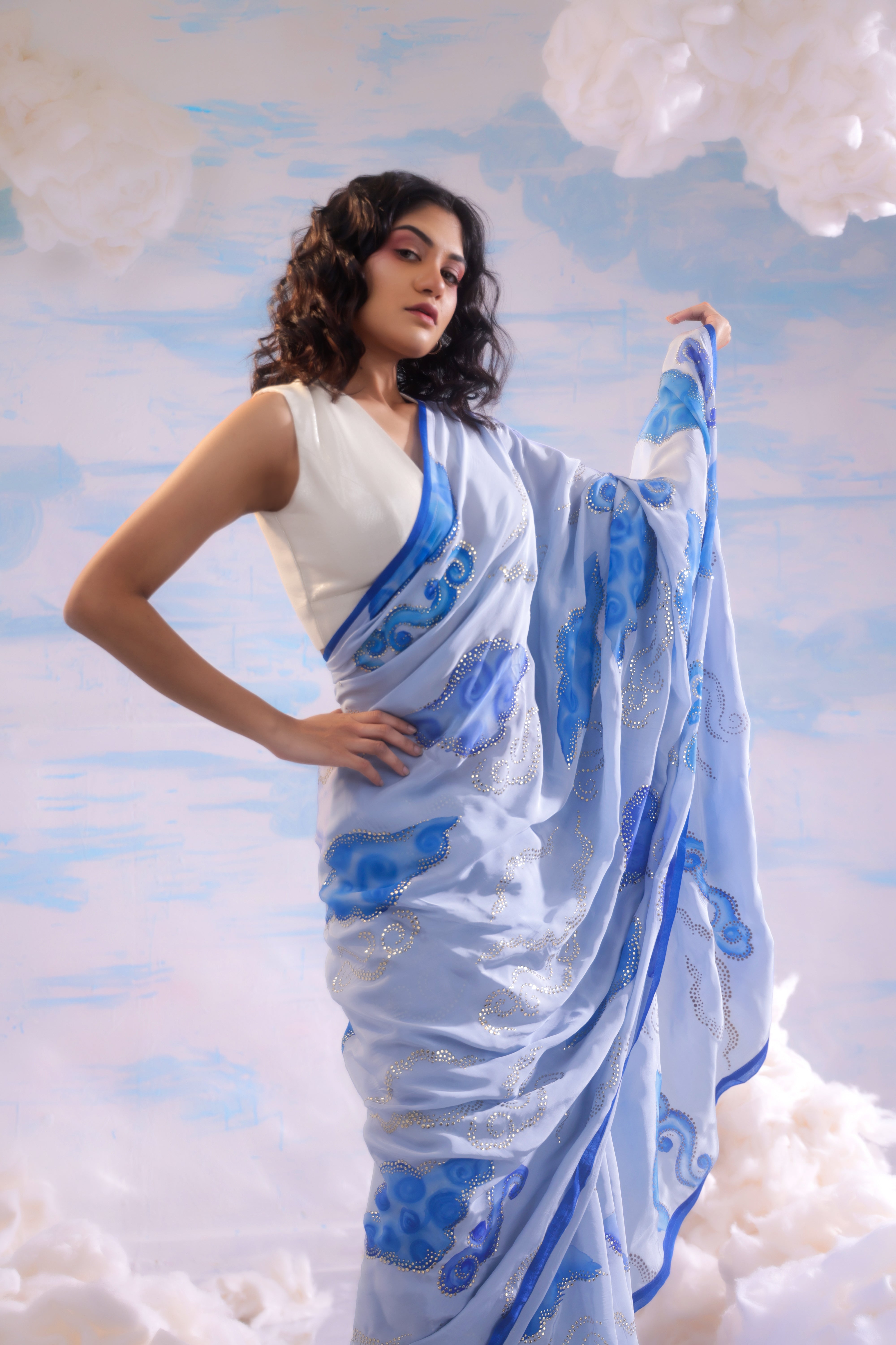 Blue Handcrafted Crepe Saree With Badla Embroidery