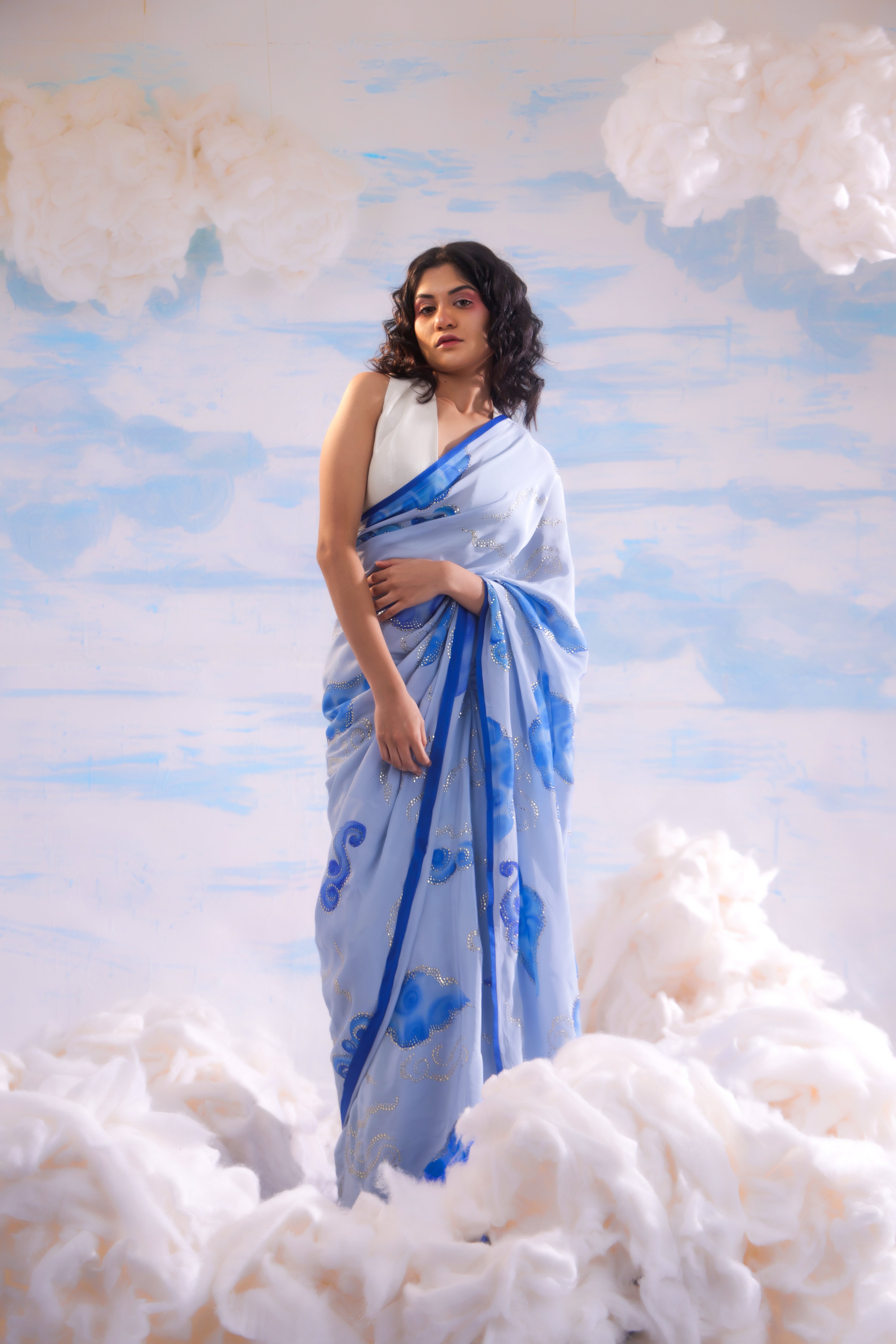 Blue Handcrafted Crepe Saree With Badla Embroidery