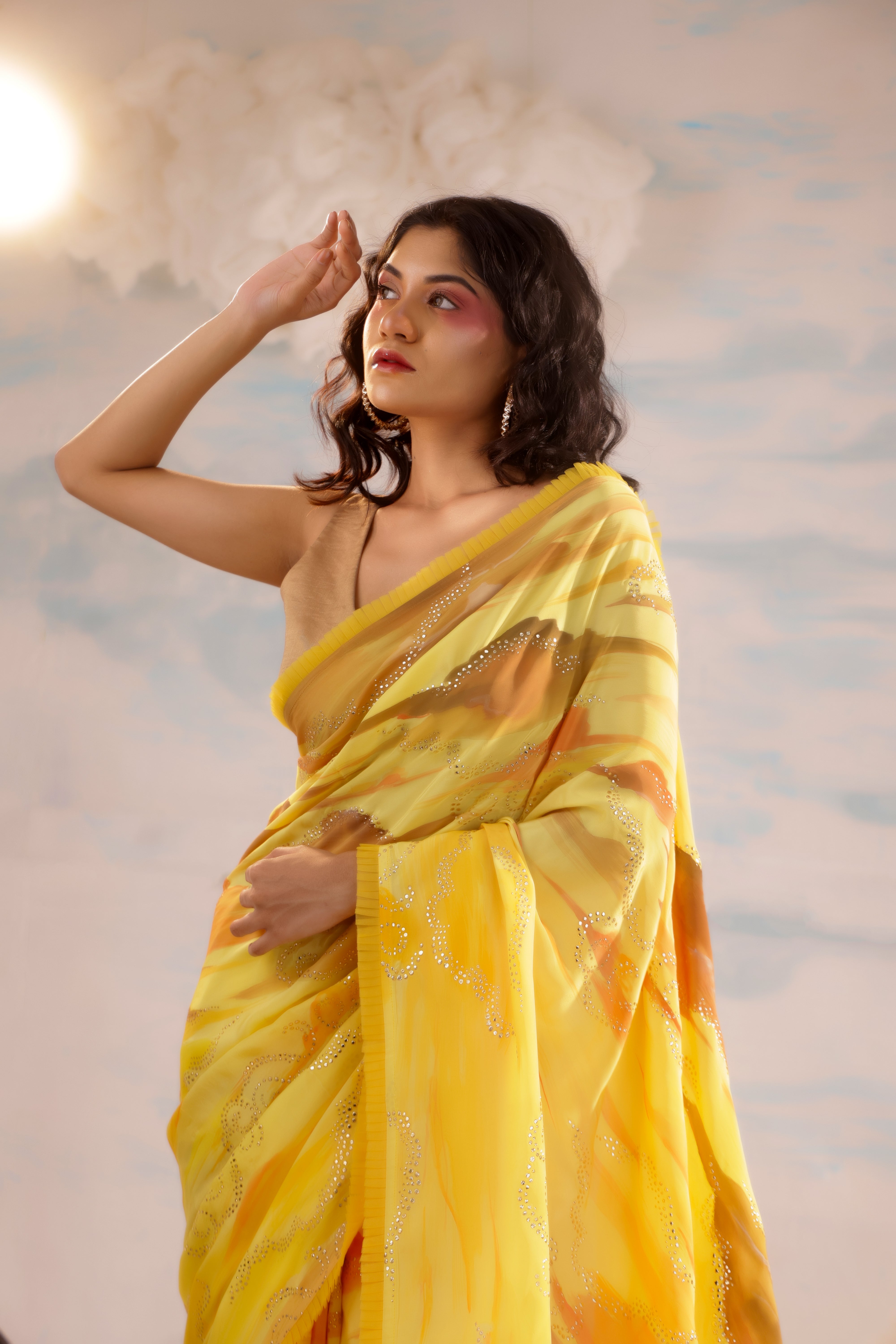 Yellow Orange Handcrafted Crepe Saree With Badla Embroidery