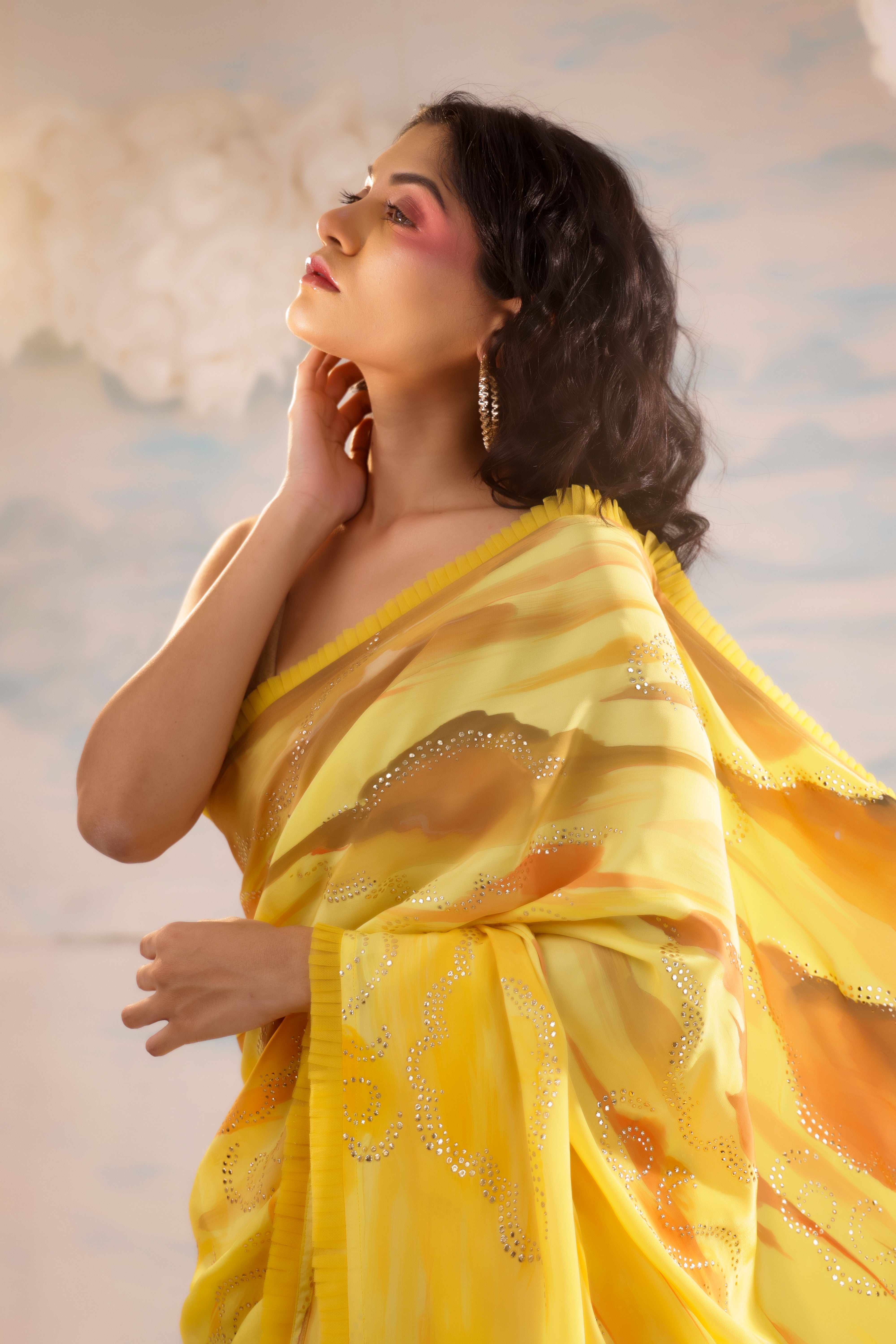 Yellow Orange Handcrafted Crepe Saree With Badla Embroidery