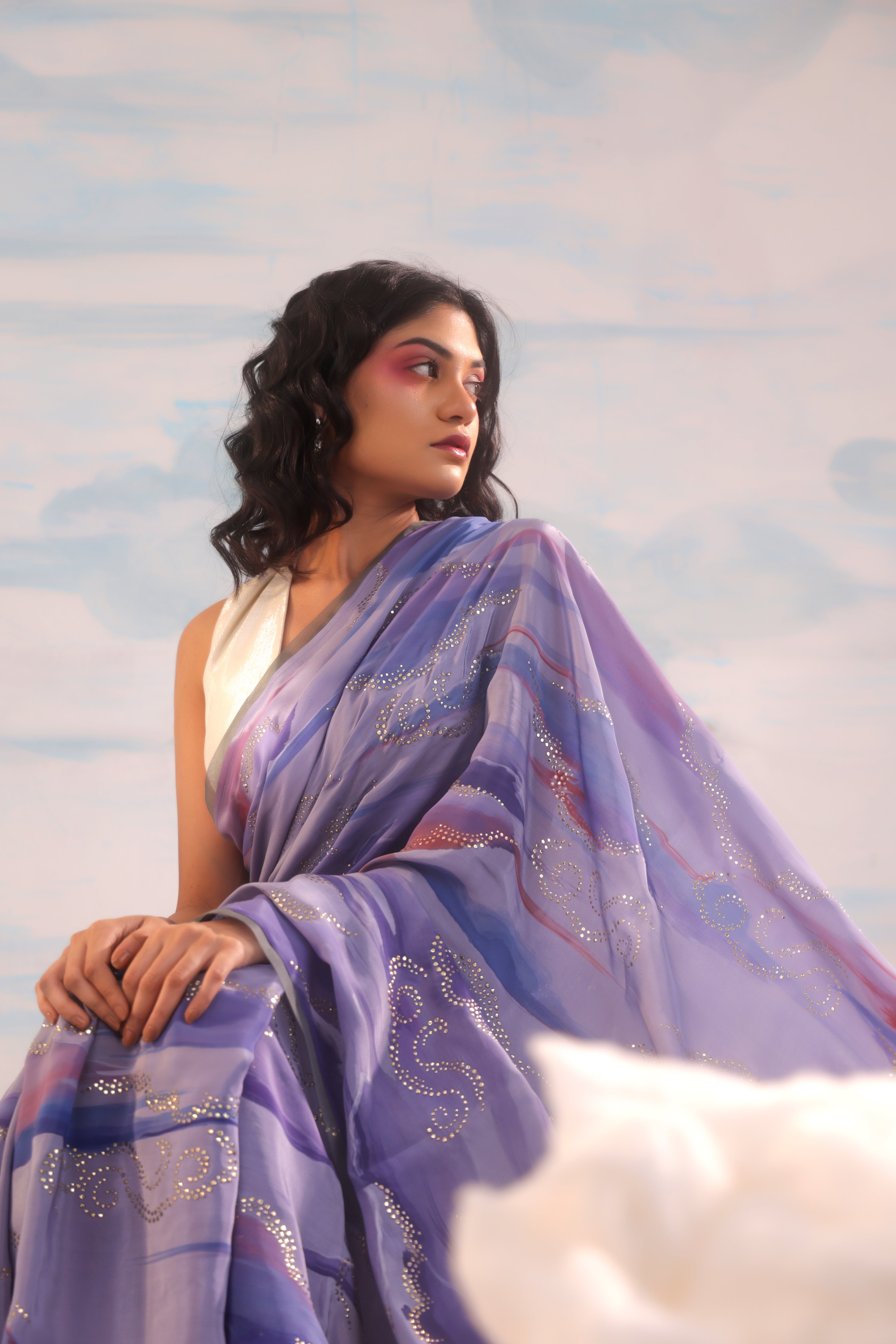 Lilac Pink Handcrafted Crepe Saree With Badla Embroidery