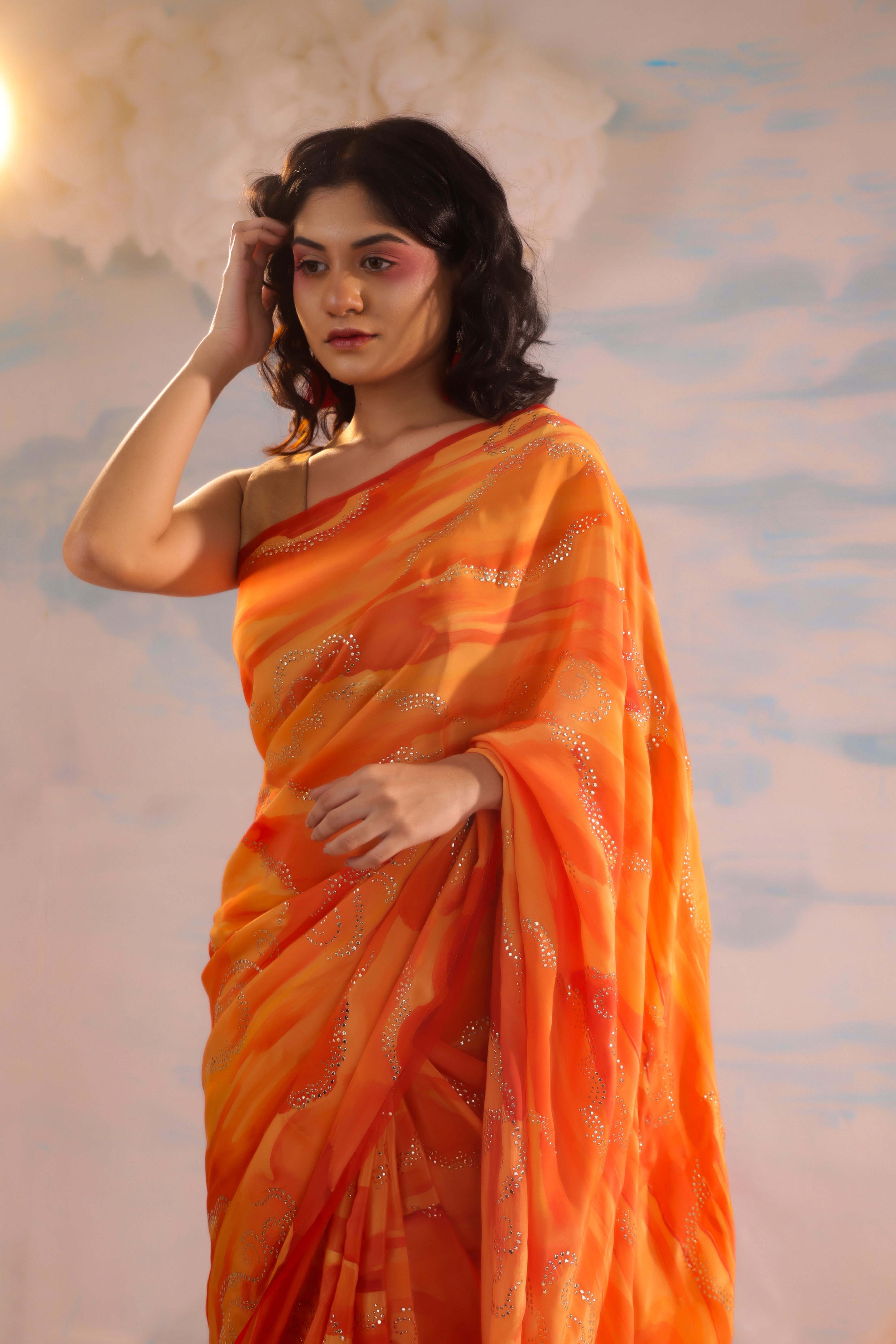 Orange Red Handcrafted Crepe Saree With Badla Embroidery
