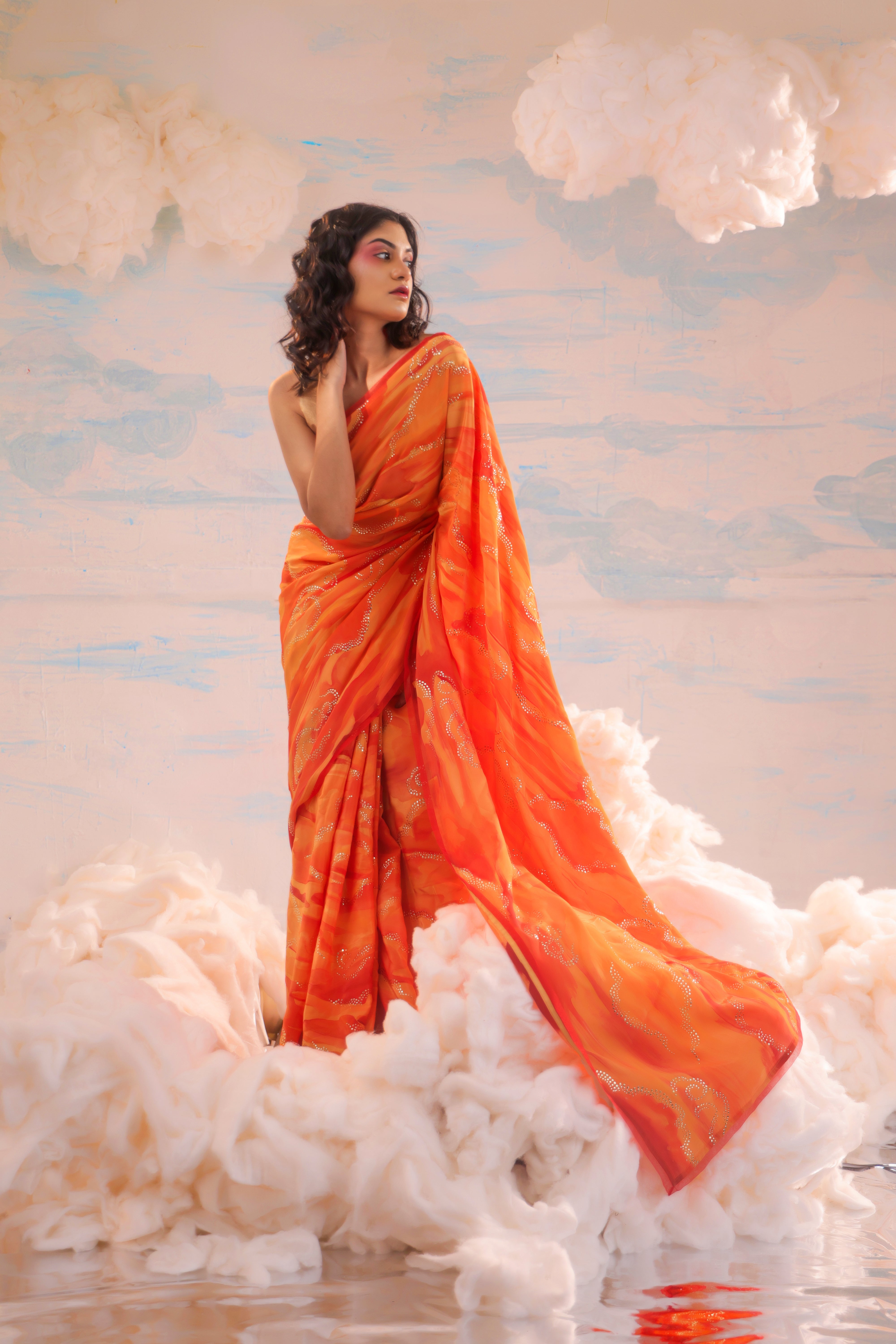 Orange Red Handcrafted Crepe Saree With Badla Embroidery