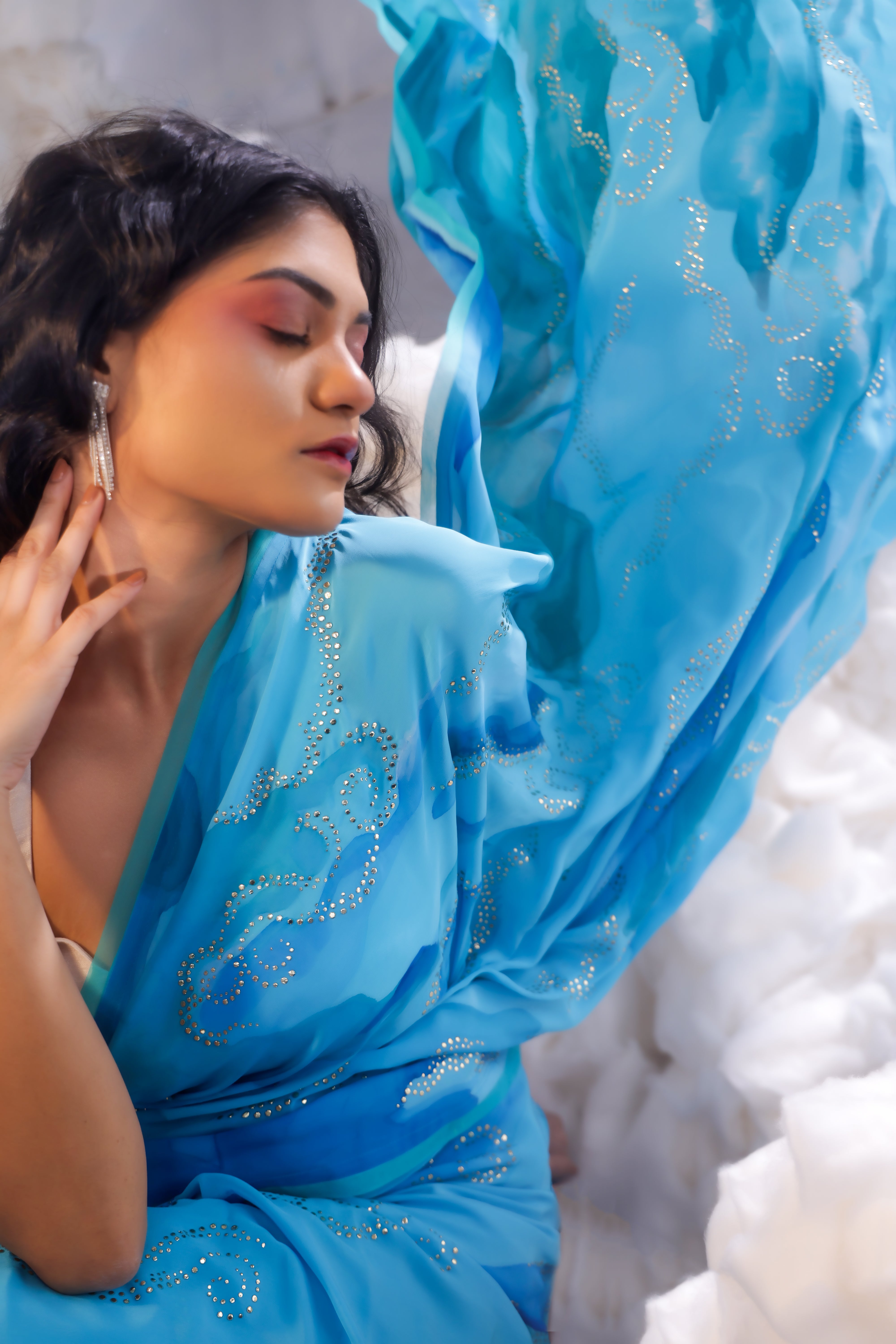 Capri Blue Handcrafted Crepe Saree With Badla Embroidery