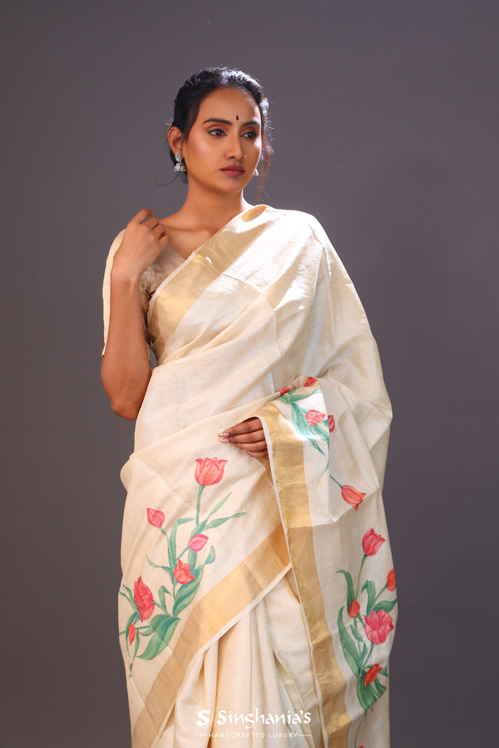 Champagne Beige Printed Floral Tussar Silk Saree