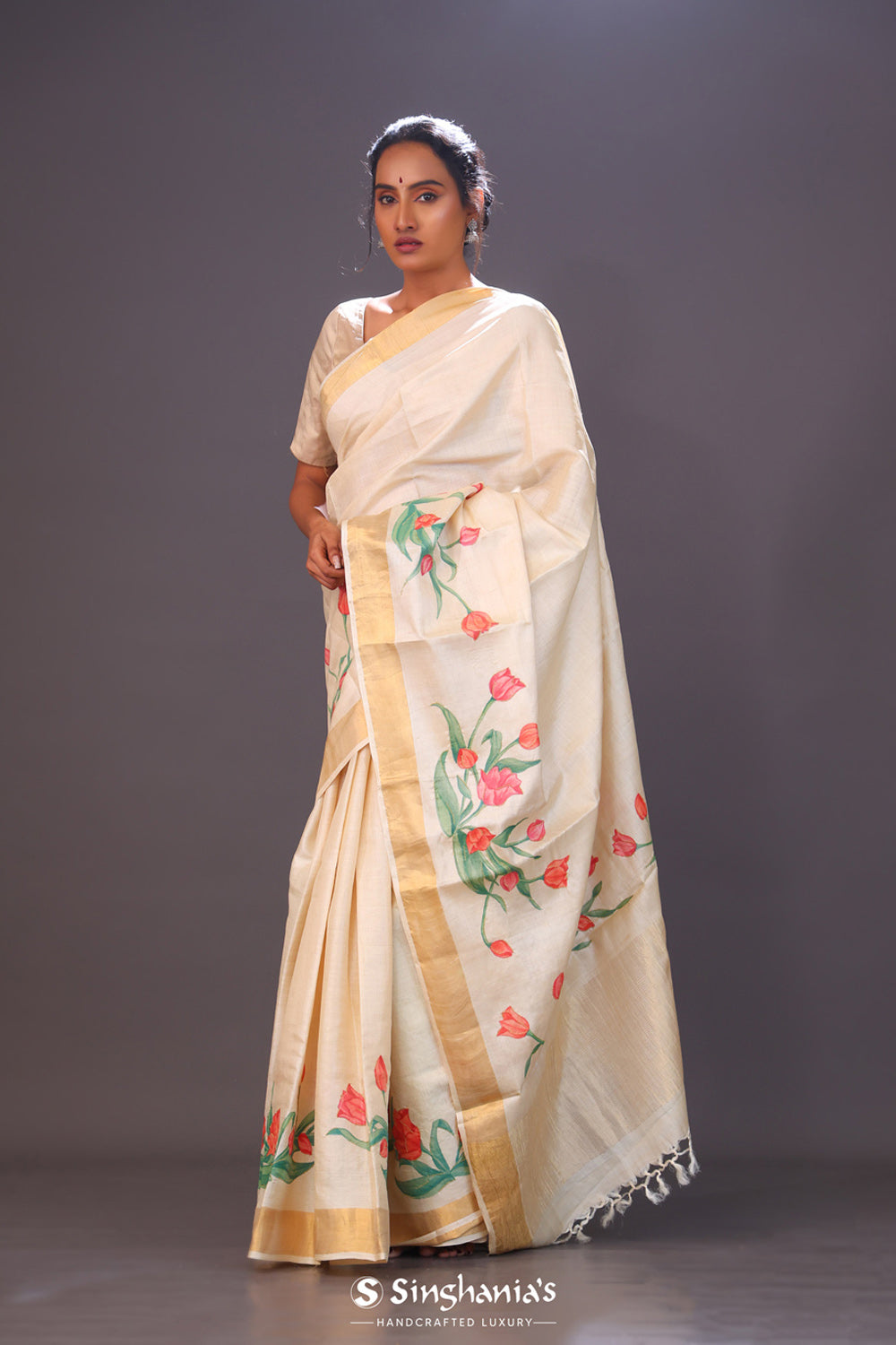 Champagne Beige Printed Floral Tussar Silk Saree