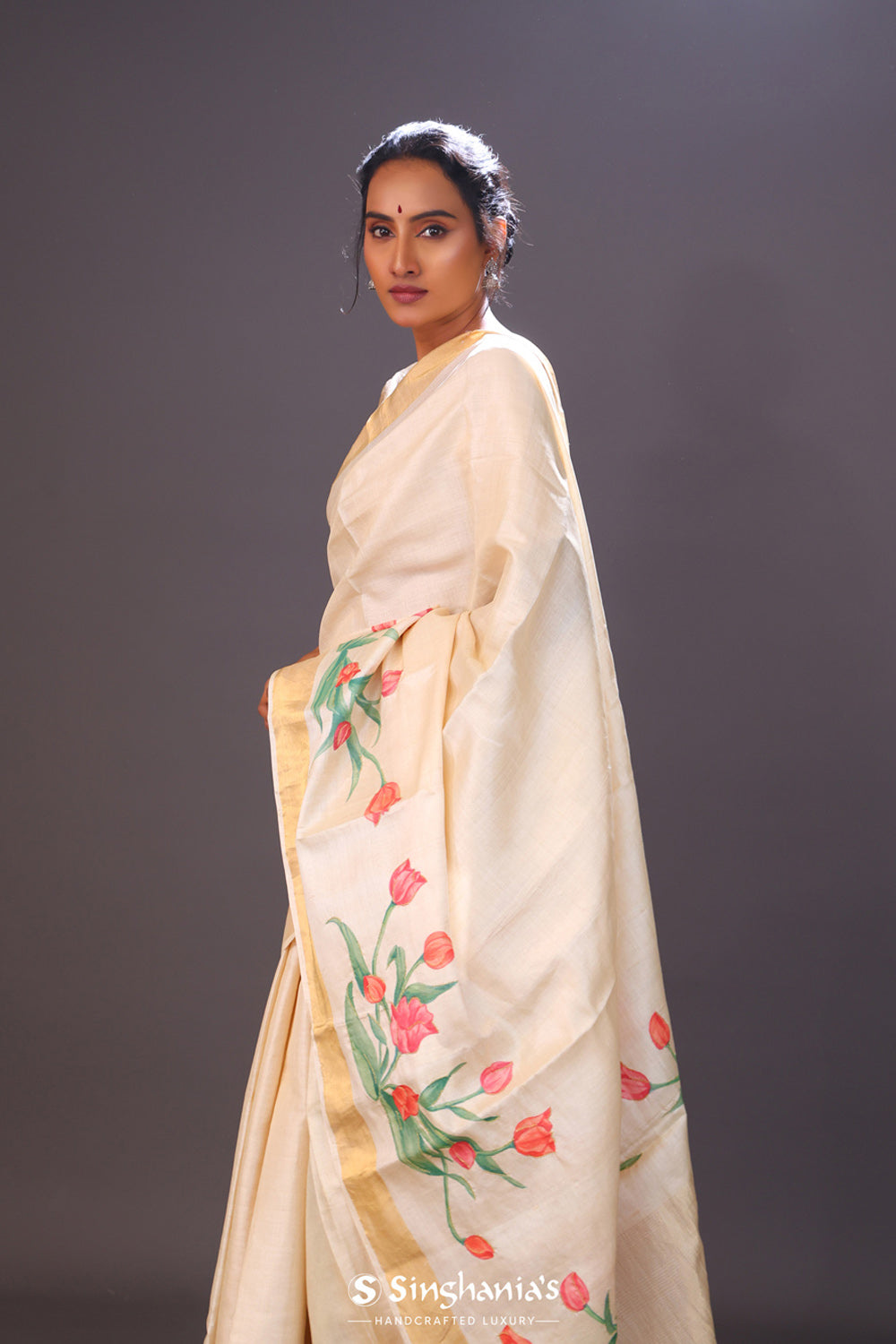 Champagne Beige Printed Floral Tussar Silk Saree