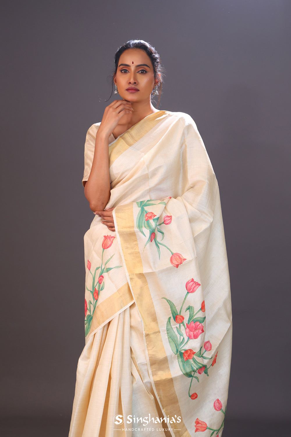 Champagne Beige Printed Floral Tussar Silk Saree