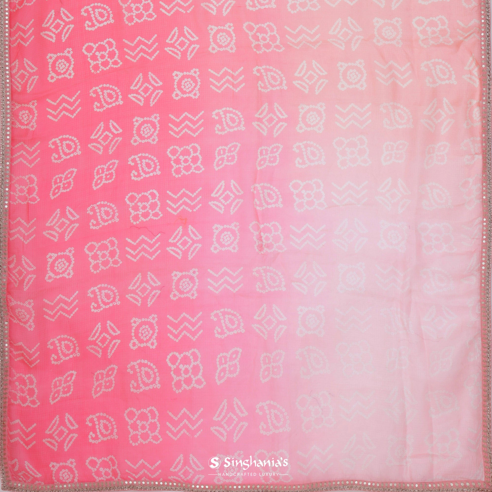 Coral Pink Printed Bandhani Kota Silk Saree With Abstract Pattern