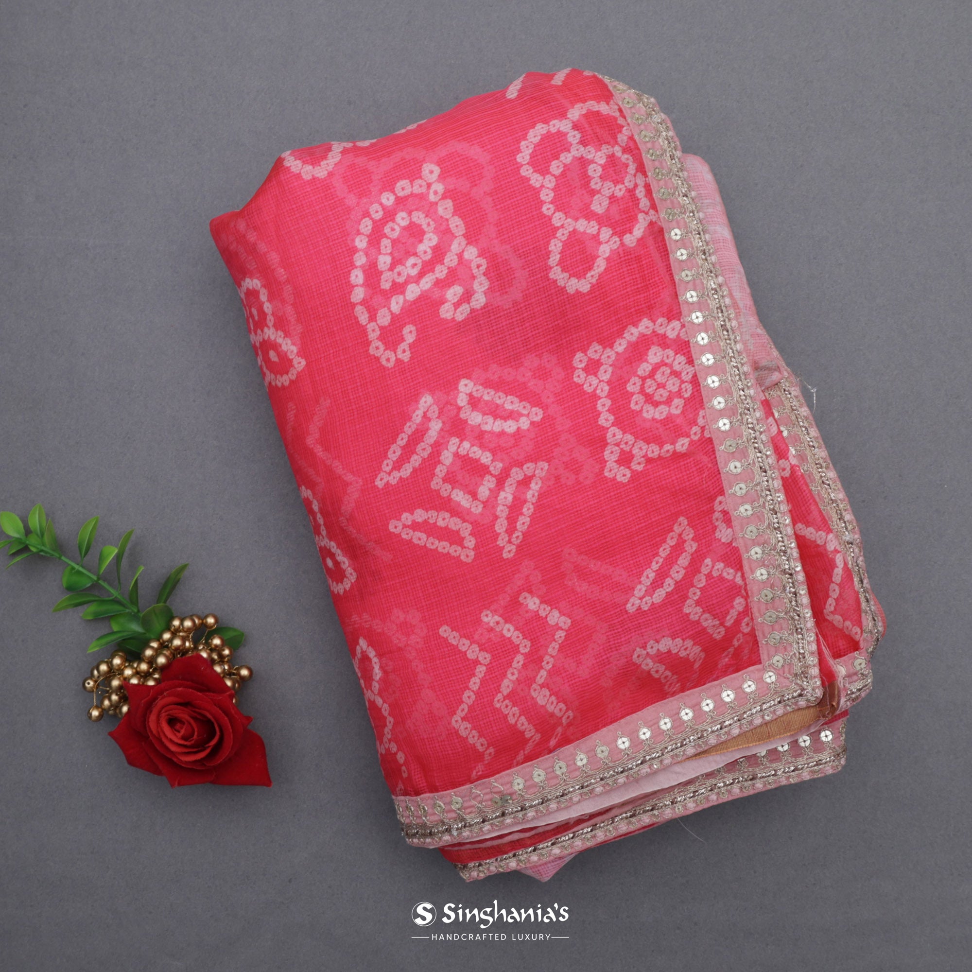 Coral Pink Printed Bandhani Kota Silk Saree With Abstract Pattern