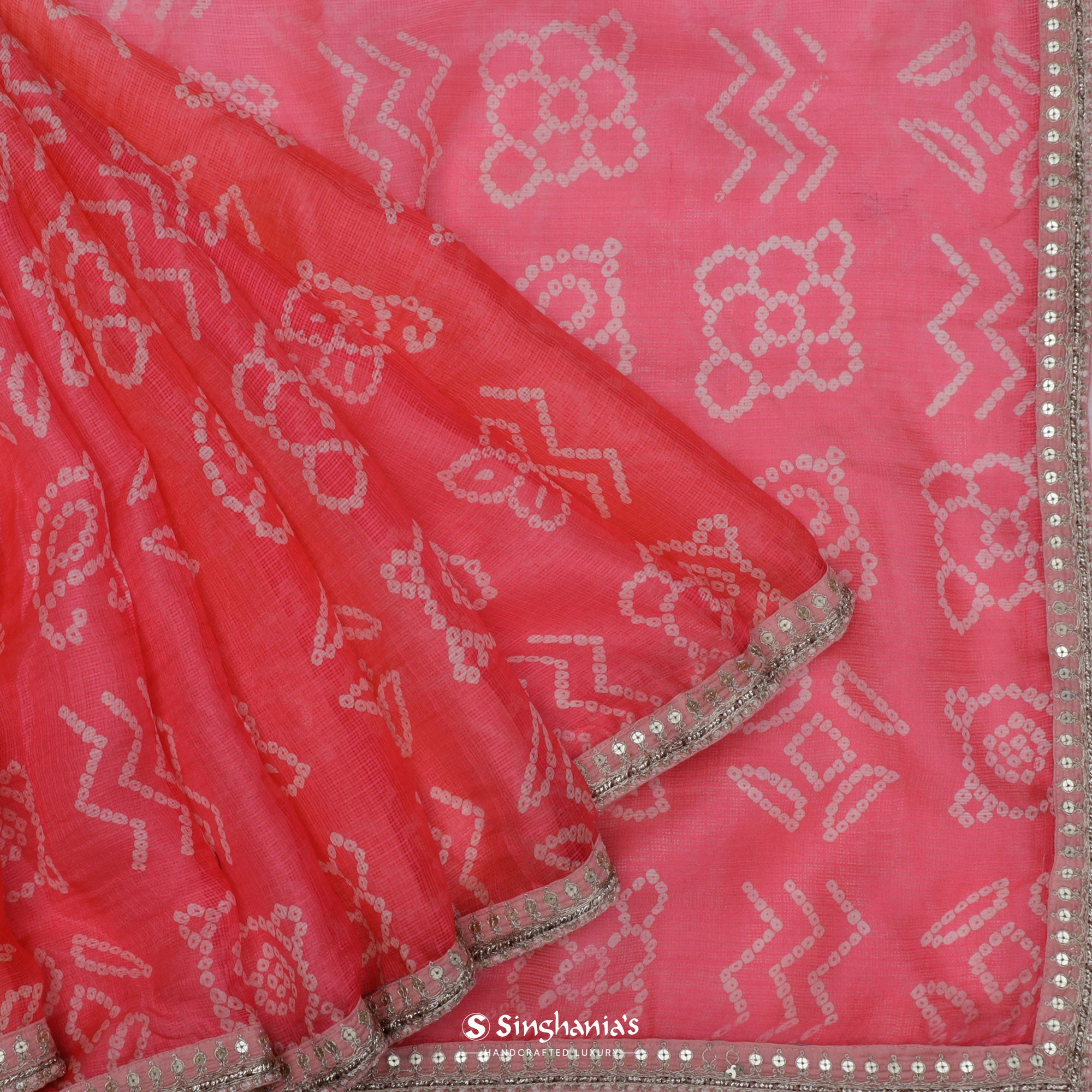 Coral Pink Printed Bandhani Kota Silk Saree With Abstract Pattern