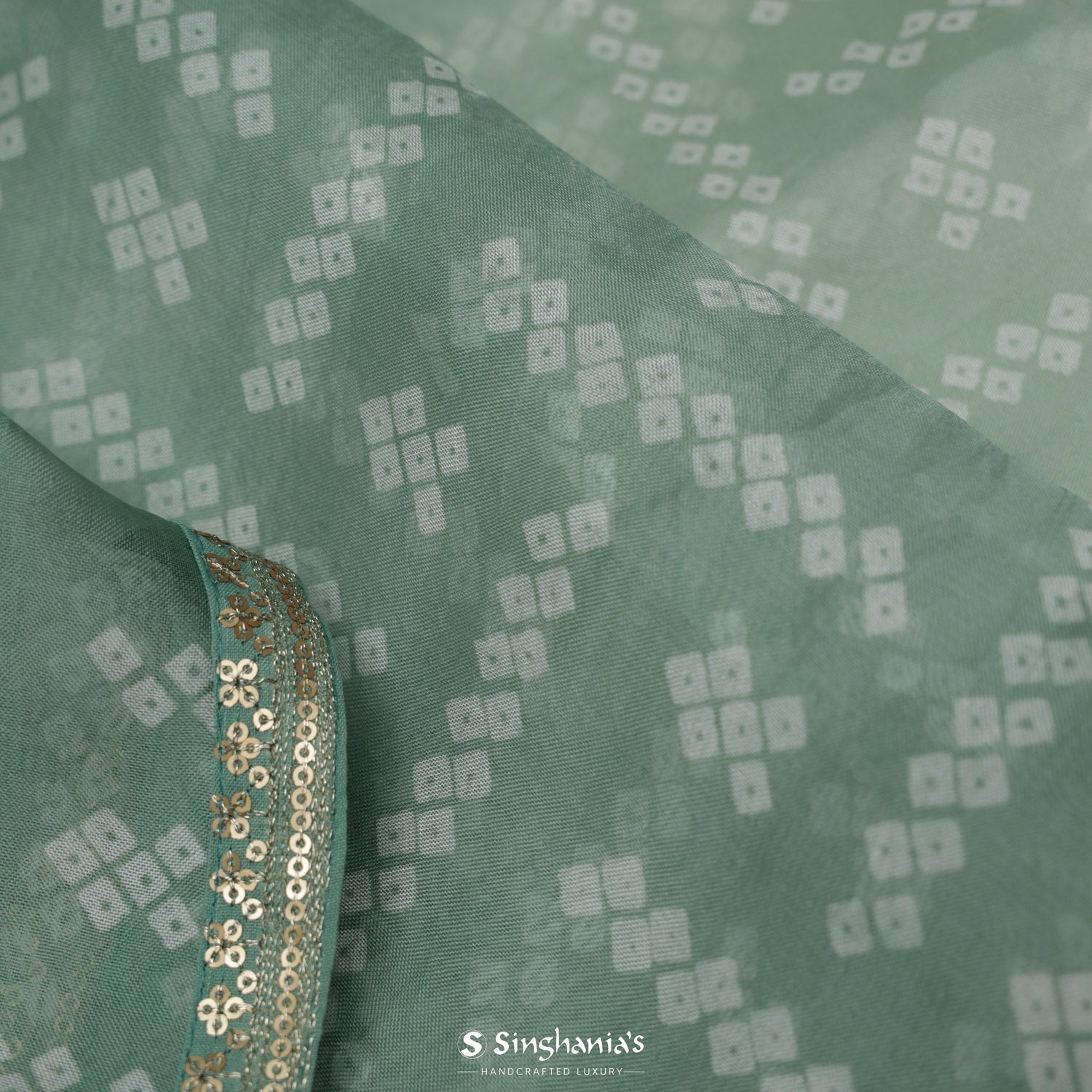 Bluish Green Organza Saree With Bandhani Pattern