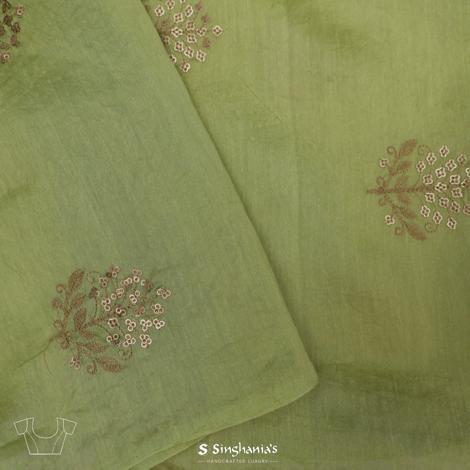 Medium Spring Green Organza Saree With Bandhani And Floral Pattern
