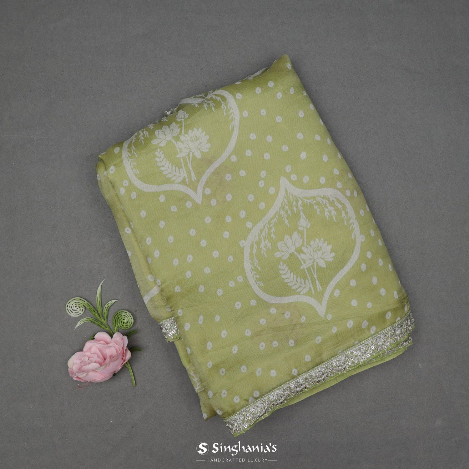 Medium Spring Green Organza Saree With Bandhani And Floral Pattern