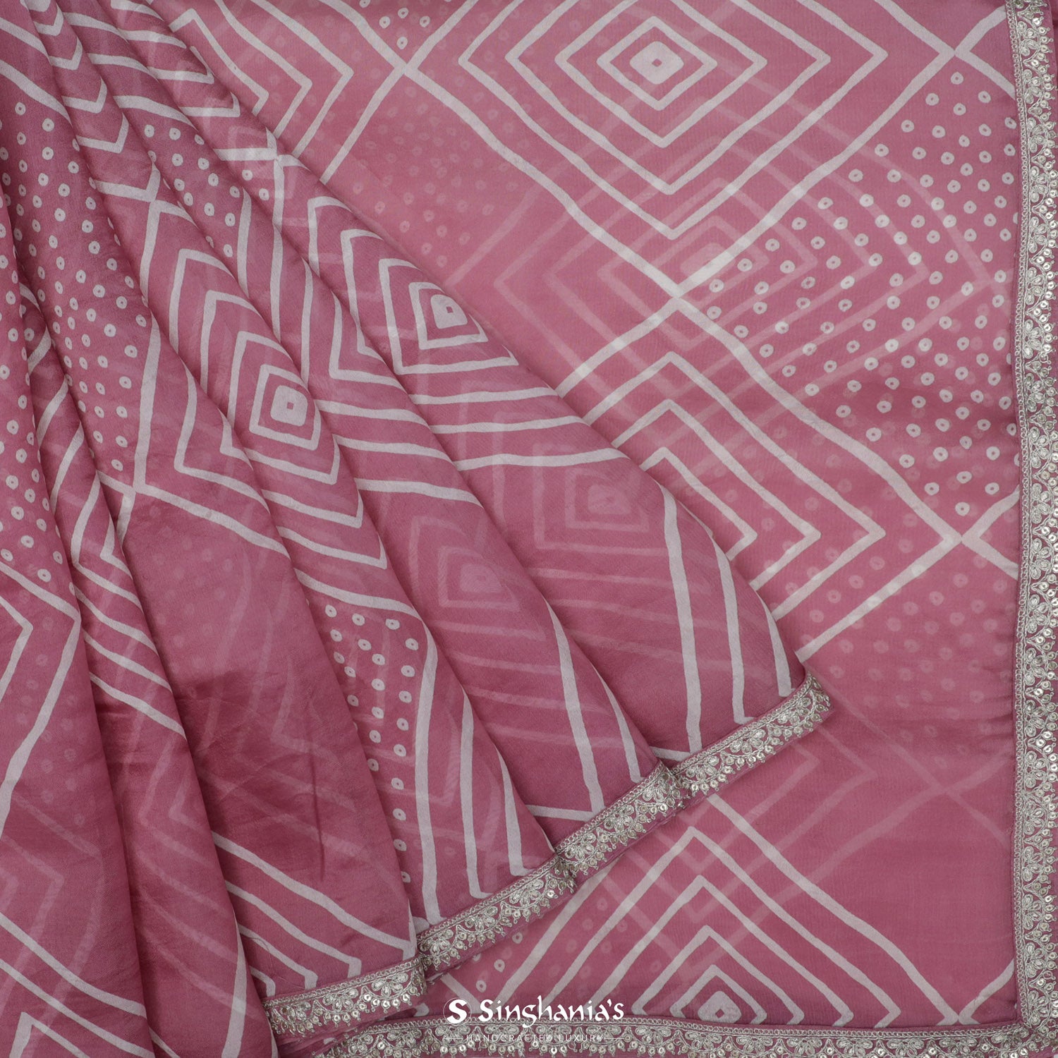 Schauss Pink Bandhani Organza Saree With Bandhani Pattern