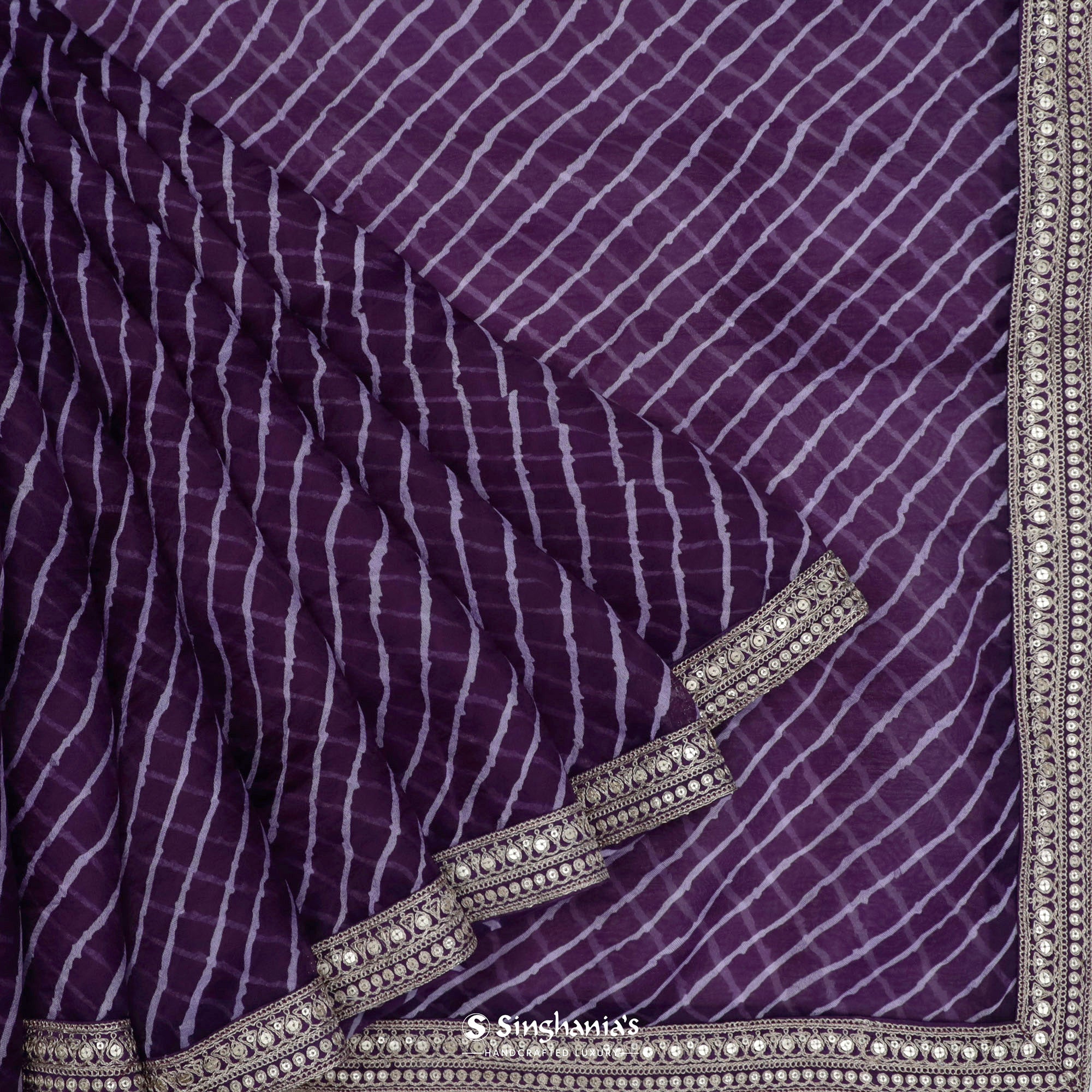 Eminence Purple Printed Organza Saree With Leheriya Pattern