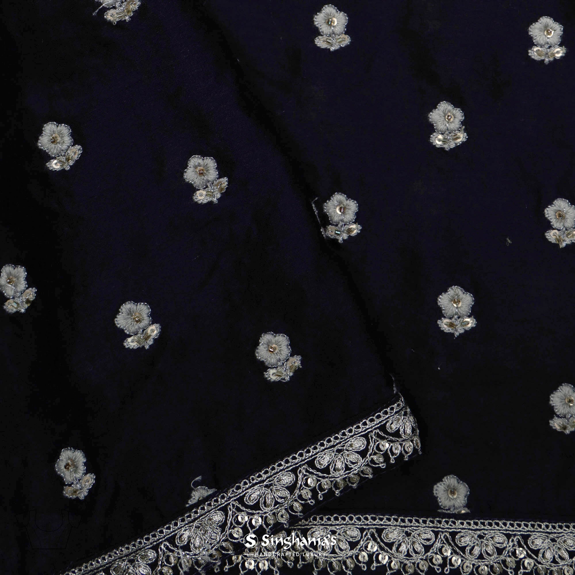 Deep Indigo Blue Printed Organza Saree With Bandhani And Leheriya Pattern