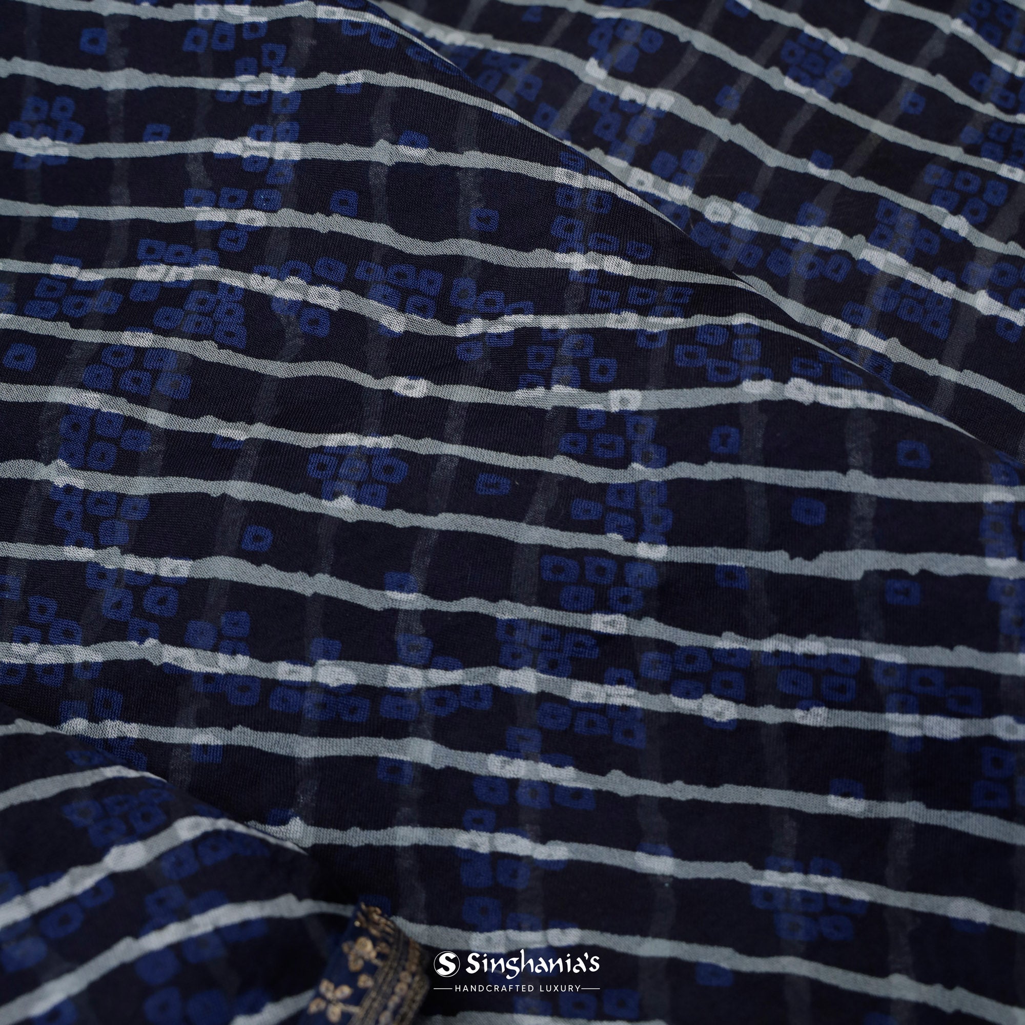 Dark Blue Printed Organza Saree With Bandhani And Leheriya Pattern