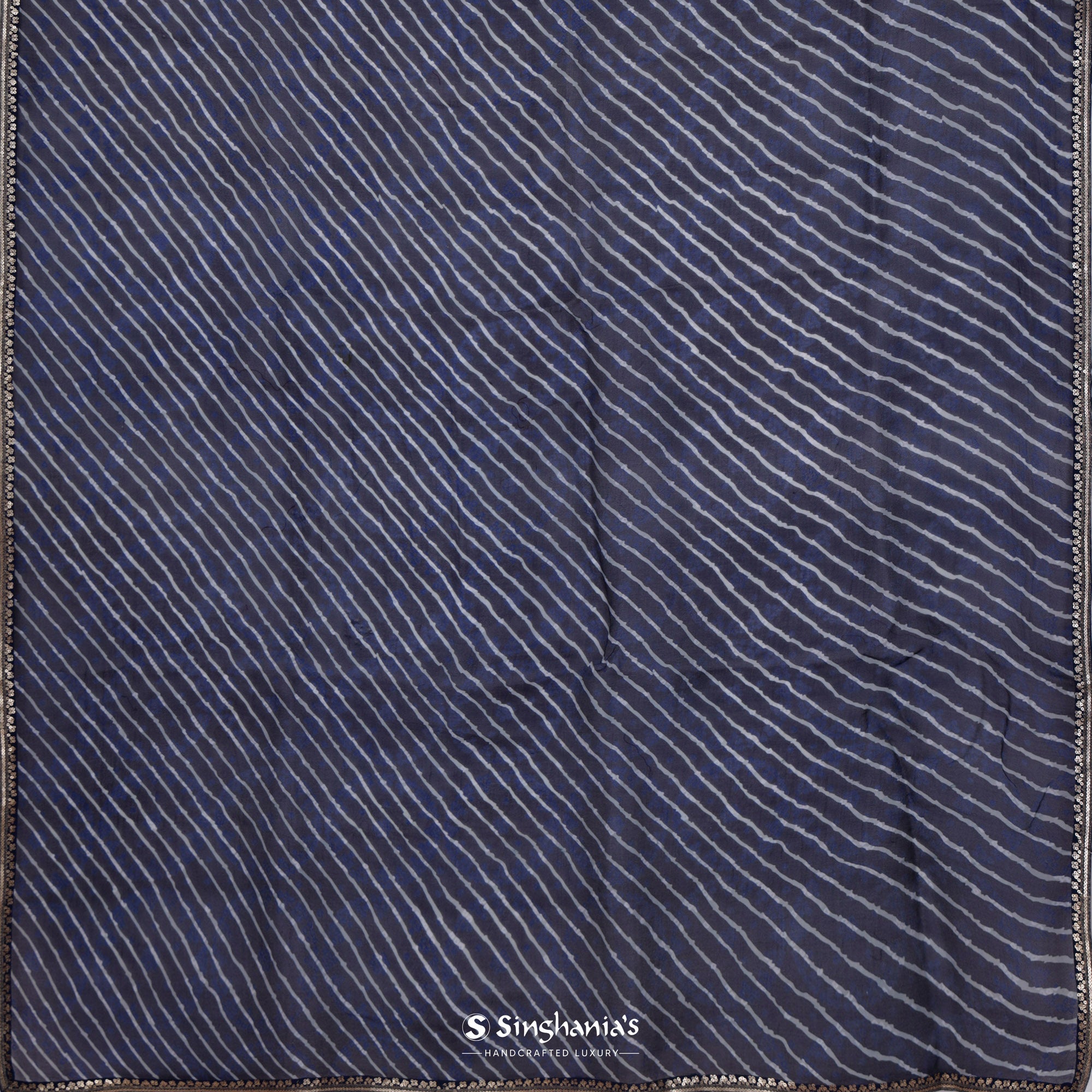 Dark Blue Printed Organza Saree With Bandhani And Leheriya Pattern