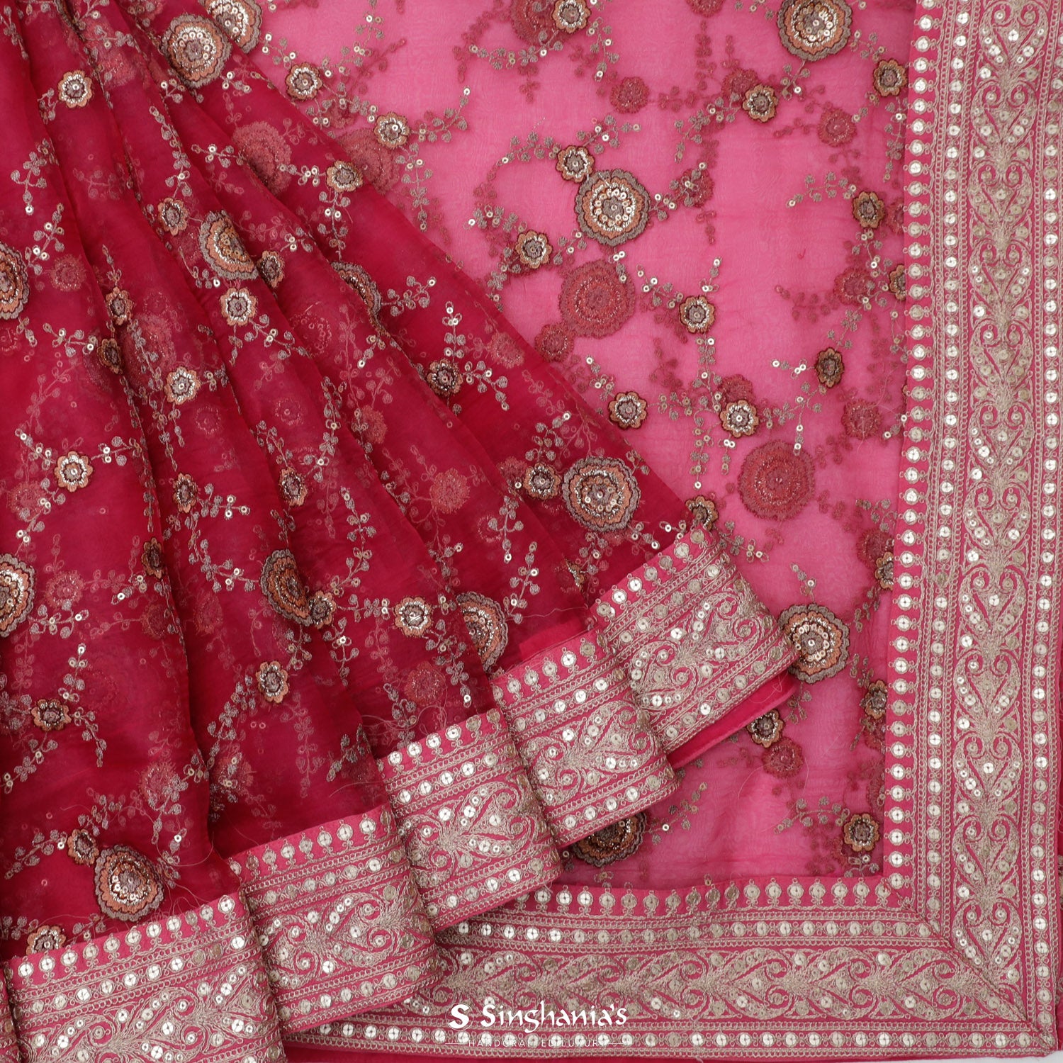 Steel Pink Organza Saree With Floral Sequin Pattern