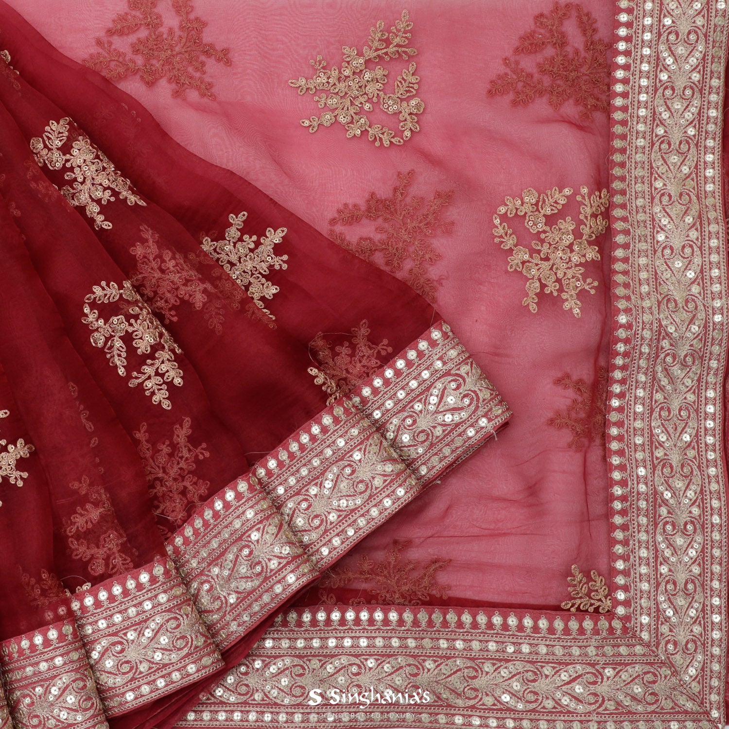 Penn Red Organza Saree With Floral Butti Pattern