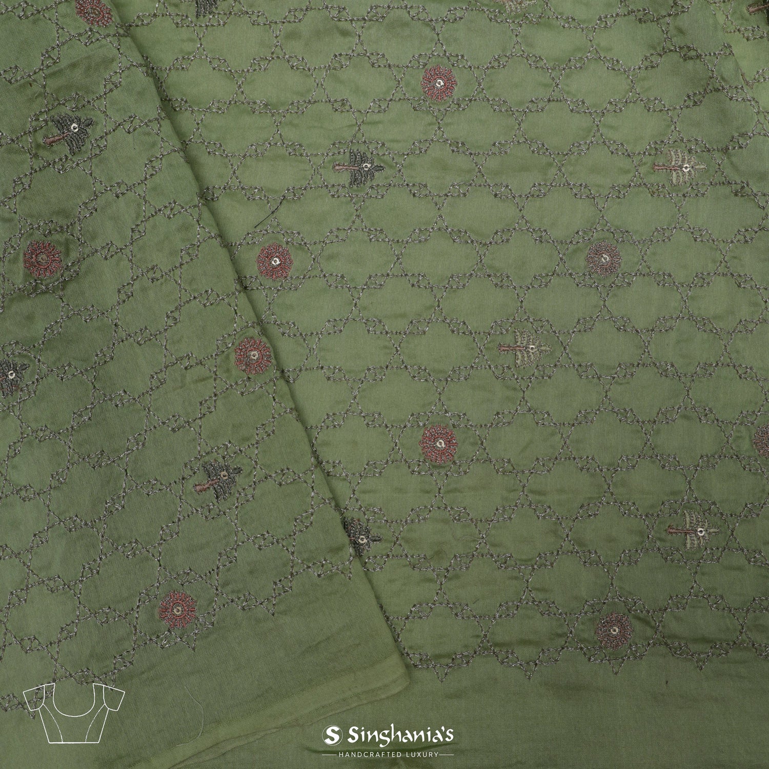 Sage Green Embroidery Organza Saree With Floral Pattern