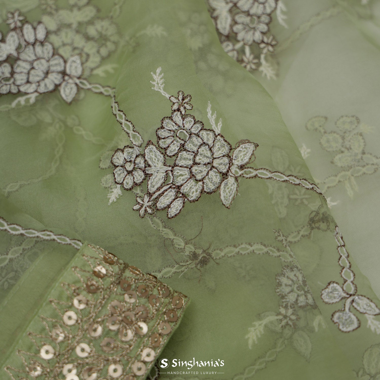 Sage Green Embroidery Organza Saree With Floral Pattern