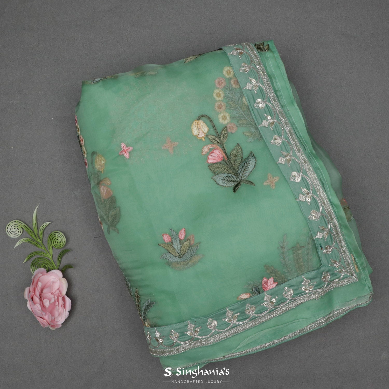 Celadon Green Organza Saree With Floral Pattern