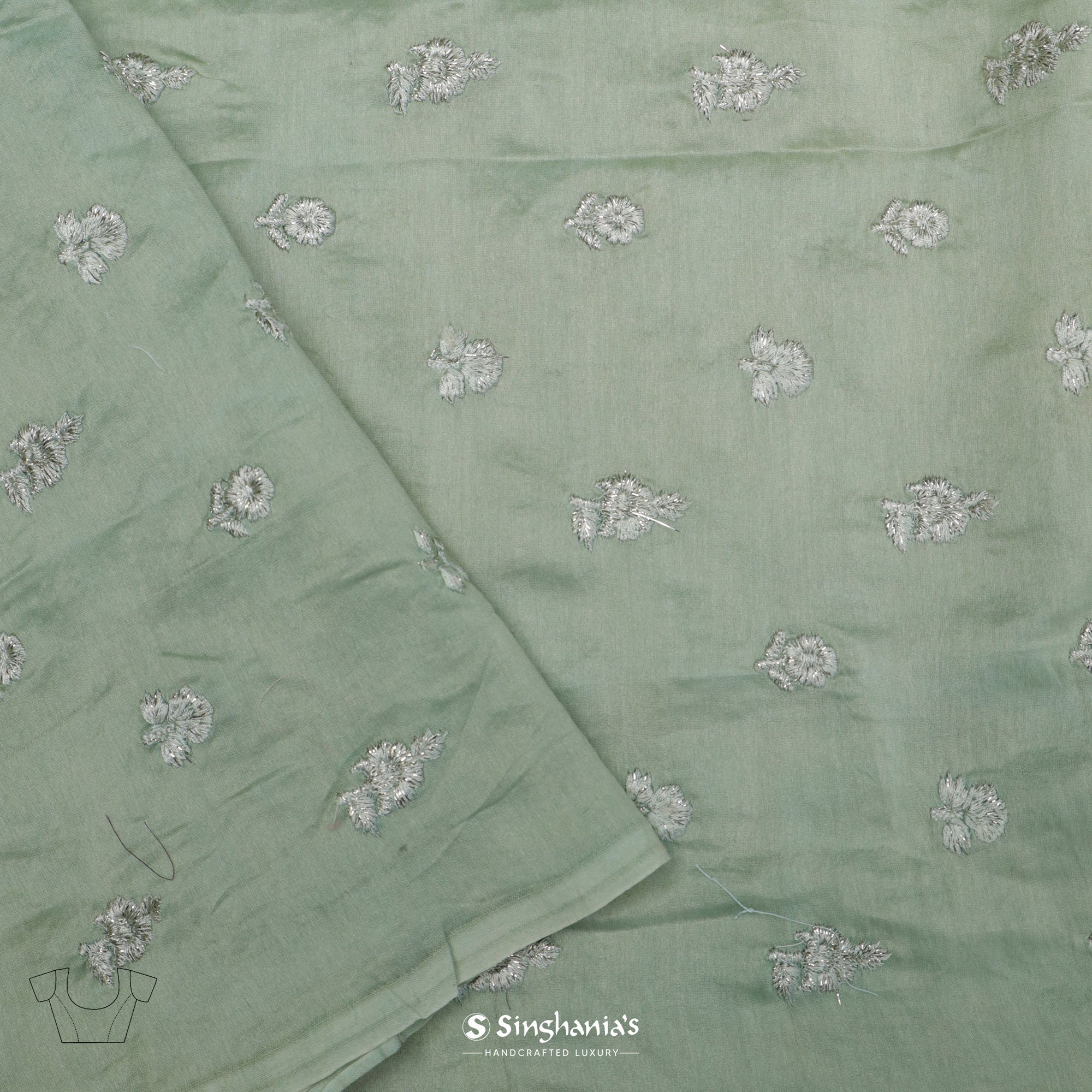 Pastel Mint Green Embroidery Organza Saree With Floral-Fauna Pattern
