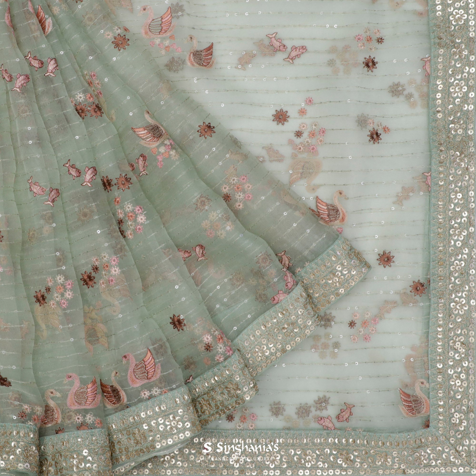 Pastel Mint Green Embroidery Organza Saree With Floral-Fauna Pattern