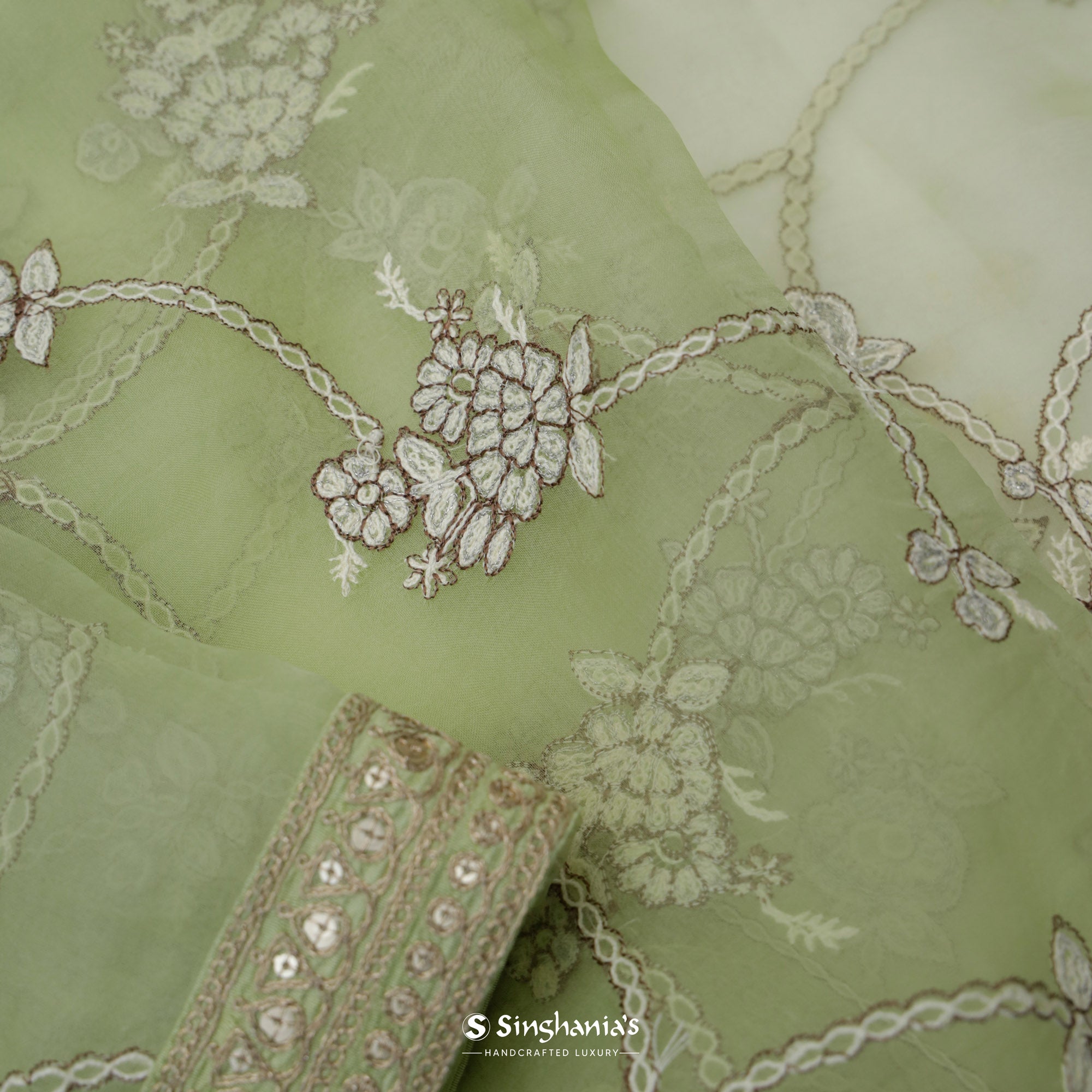 Swamp Green Embroidery Organza Saree With Floral Pattern