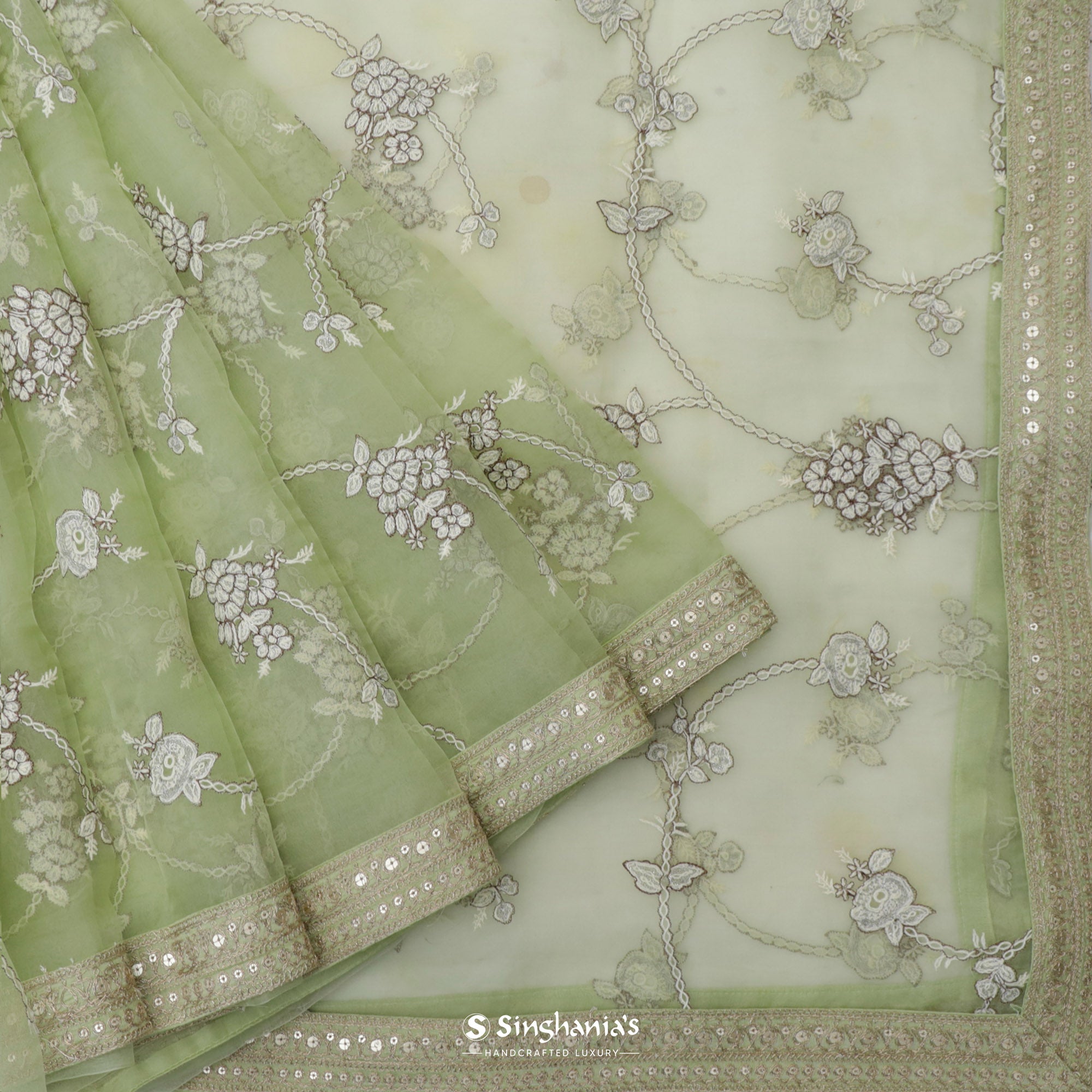 Swamp Green Embroidery Organza Saree With Floral Pattern