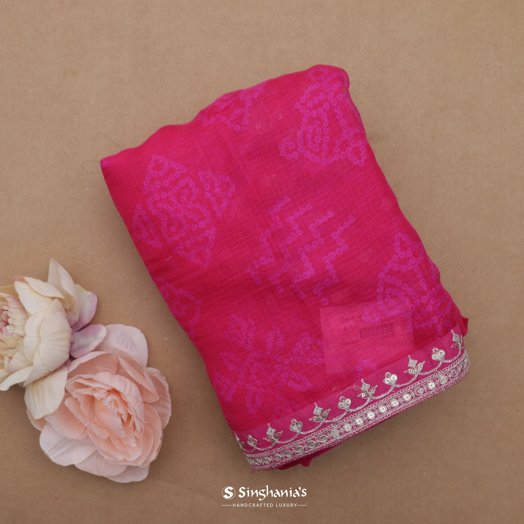 Dark Pink Printed Organza Saree With Bandhani Butti And Embroidery
